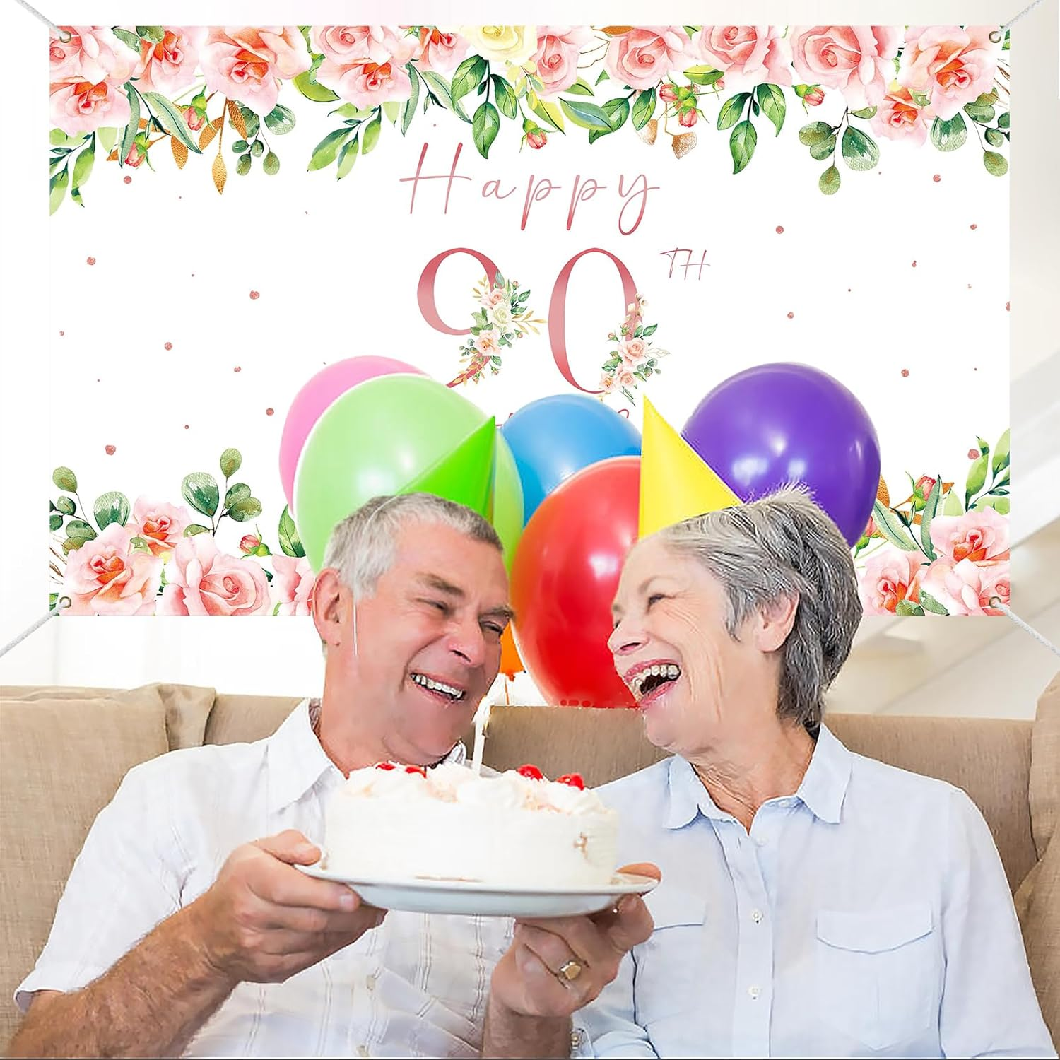 Crenics 90Th Birthday Decorations for Women, Rose Gold Floral Happy 90Th Birthday Banner Backdrop for Female 90 Birthday Party Supplies, 5.9 X 3.6 Ft image number 2