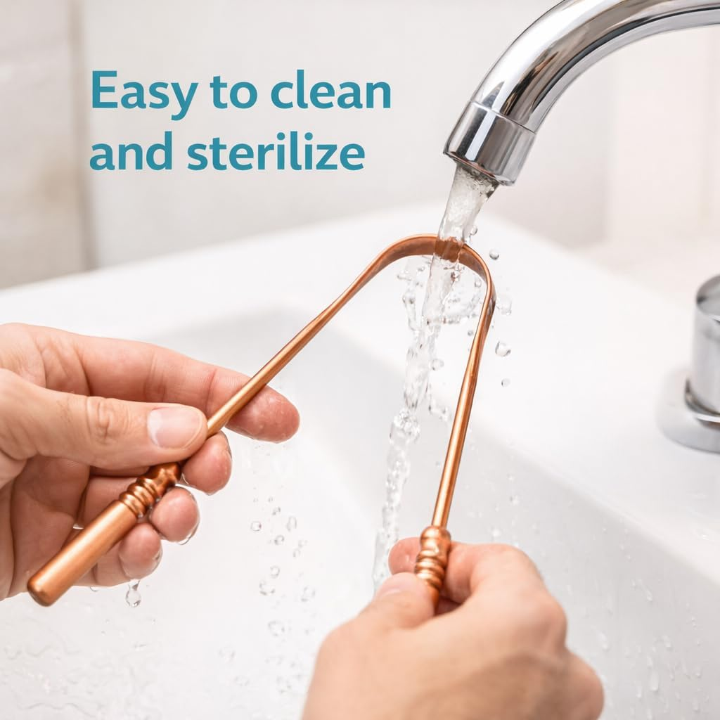 Copper Tongue Scraper Cleaner | Perfect Surgical Tongue Cleaner | Best Remedy for Bad Breath | Naturally Antimicrobial & Prevents Oral Health Diseases | Flexible Handle (Set of 2) image number 2