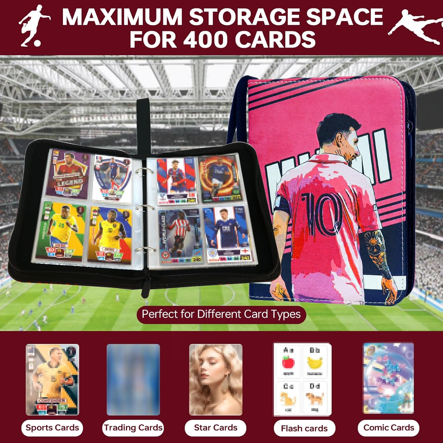 Soccer Card Binder for 400 Cards, 4 Pocket Card Collection Album with 50 Removable Sleeves and Zipper Carrying Handle, Waterproof Sports Trading Card Holder, Portable 3-Ring Soccer Card Folder