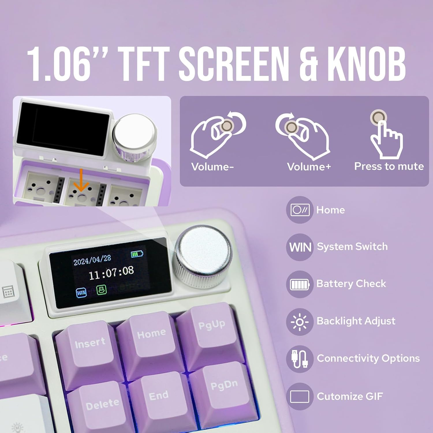 Mechlands Ajazz AK870 87 Keys Gasket Wireless Gaming Keyboard with Screen & Knob, Bt5.0/2.4Ghz/Usb-C Mechanical Keyboard, with 5-Layer Padding, Flex-Cut PCB, NKRO for Win/Mac (Purple, Hyacinth Switch) image number 3