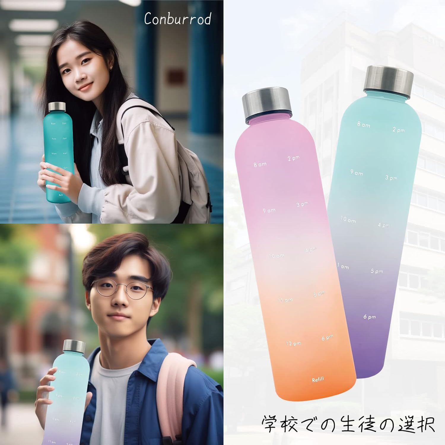 Lightweight Water Bottle Water Bottle 1000Ml with Time Marker Transparent Mint Motivational Measuring Time and Volume BPA Free Frosted Plastic Screw-In Stainless Steel Lid for Gym, Sports image number 5