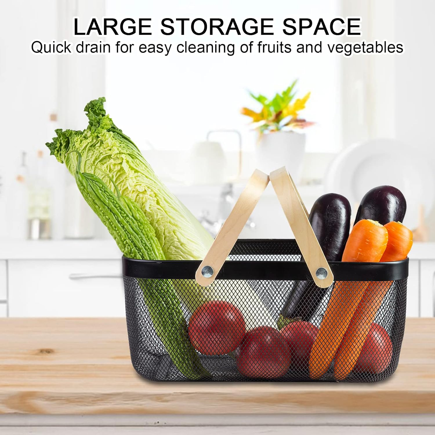 Portable Garden Harvest Basket-Mesh Design Natural Bamboo Handle Wire Storage Baskets,Mesh Basket with Handle Organize Items Reduce Space Occupation,Suitable for Kitchen,Garden,Picnic(Black) - White image number 7