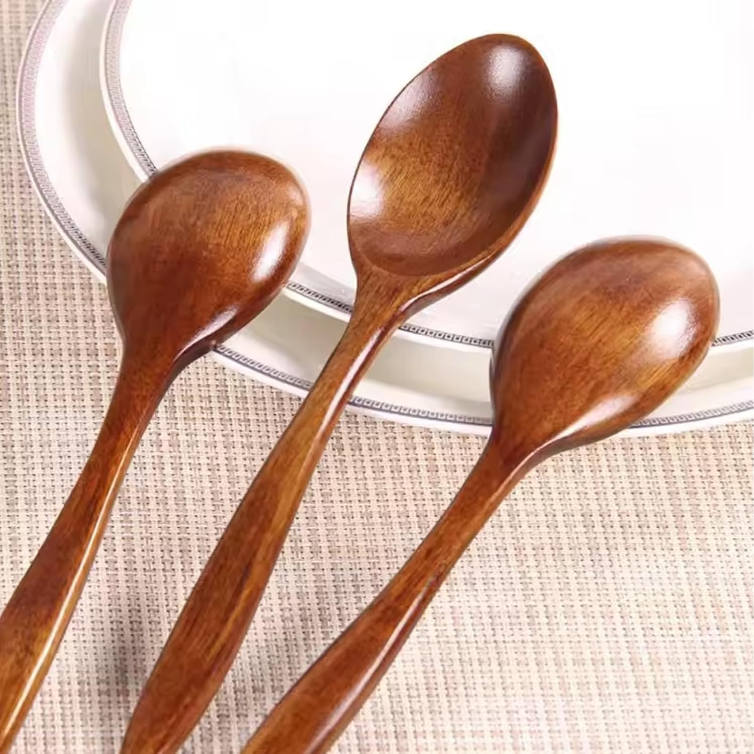 Wooden Spoons, 4 Pcs Wood Long Handle Spoon for Eating Mixing Stirring Cooking Kitchen Restaurant Utensils