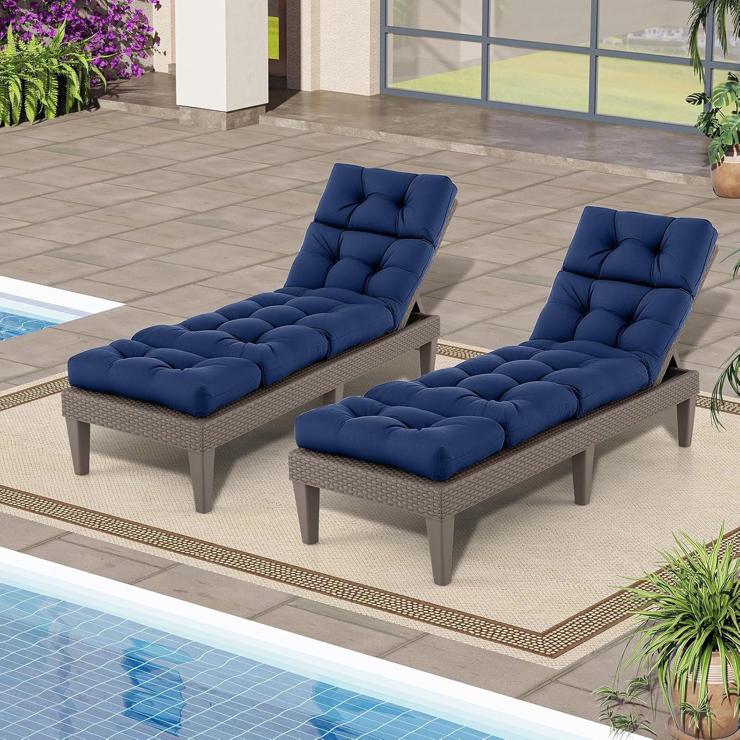 Costway Sunlounger Chair Cushion, High Back Recliner Cushion with 4 Fixing Ties, Thick Padded Reclining Chair Rocking Cushion for Outdoor Indoor (Only Cushion) (2, Navy, 186 X 56 X 11 Cm) image number 1