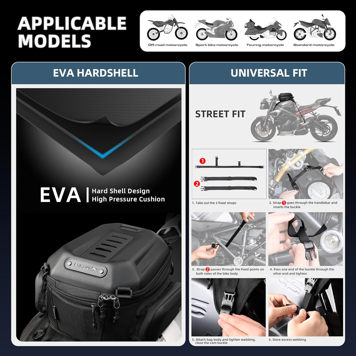 Rhinowalk Motorcycle Tank Bag Hard Shell Waterproof Expandable Motorcycle Seat Storage Bag 15-18L Motorbike Luggage Bag Backpack, YMTR3001KC, Carbon Black image number 4