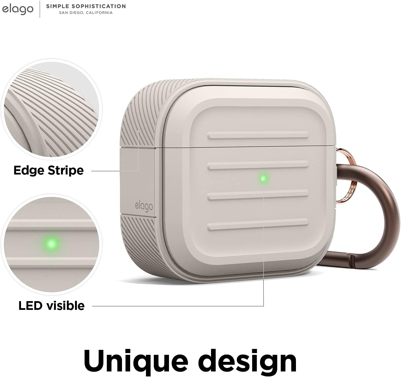 Elago Armor Case with Keychain Compatible with Airpods 3 Case Cover - Supports Wireless Charging, Shock Resistant, Full Protection (Stone)