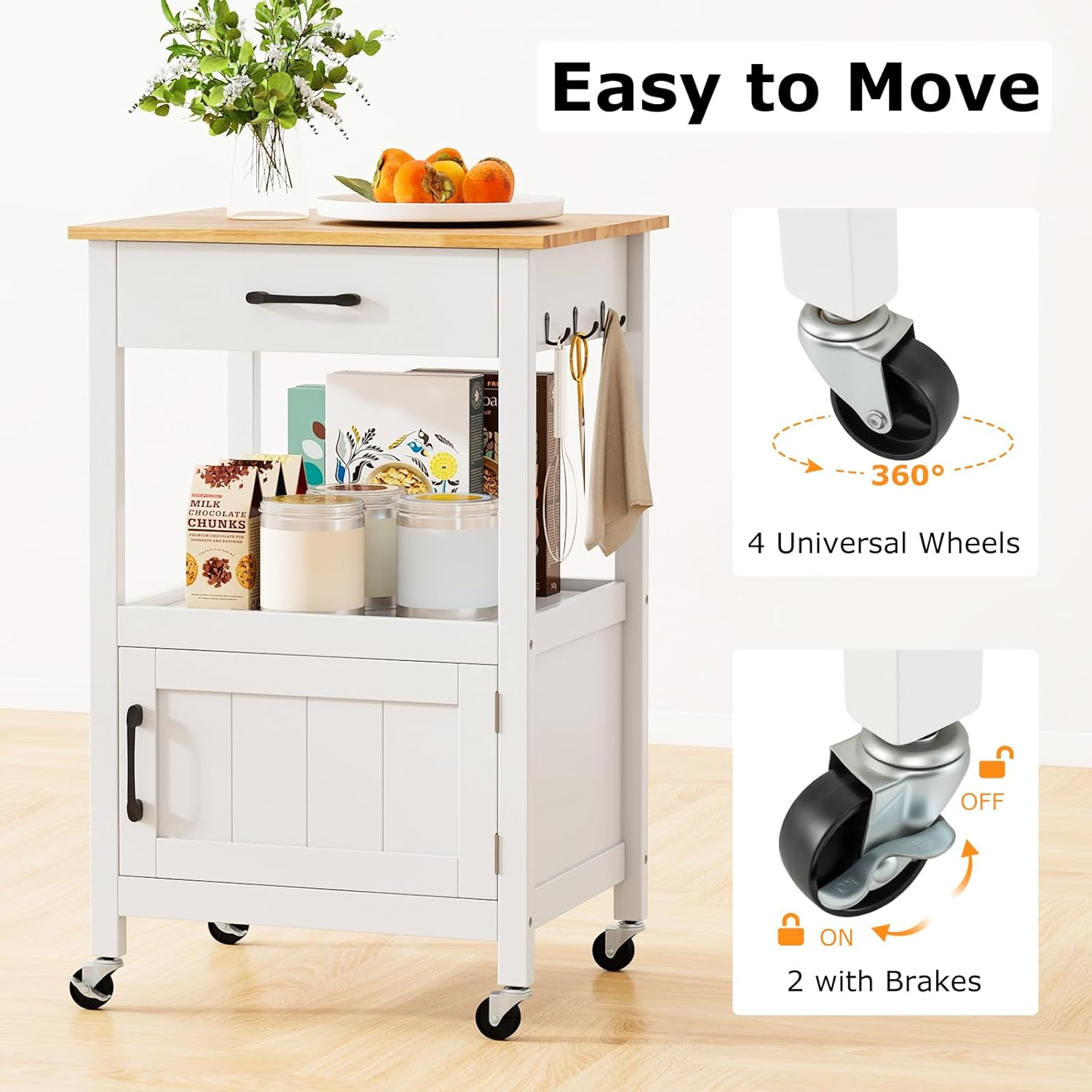 Giantex Small Kitchen Island Cart on Wheels, Rolling Kitchen Island W/Rubber Wood Top, Large Drawer, 3 Hooks, Open Shelf, Door Cabinet, Suitable for Kitchen & Dining Room, White image number 3