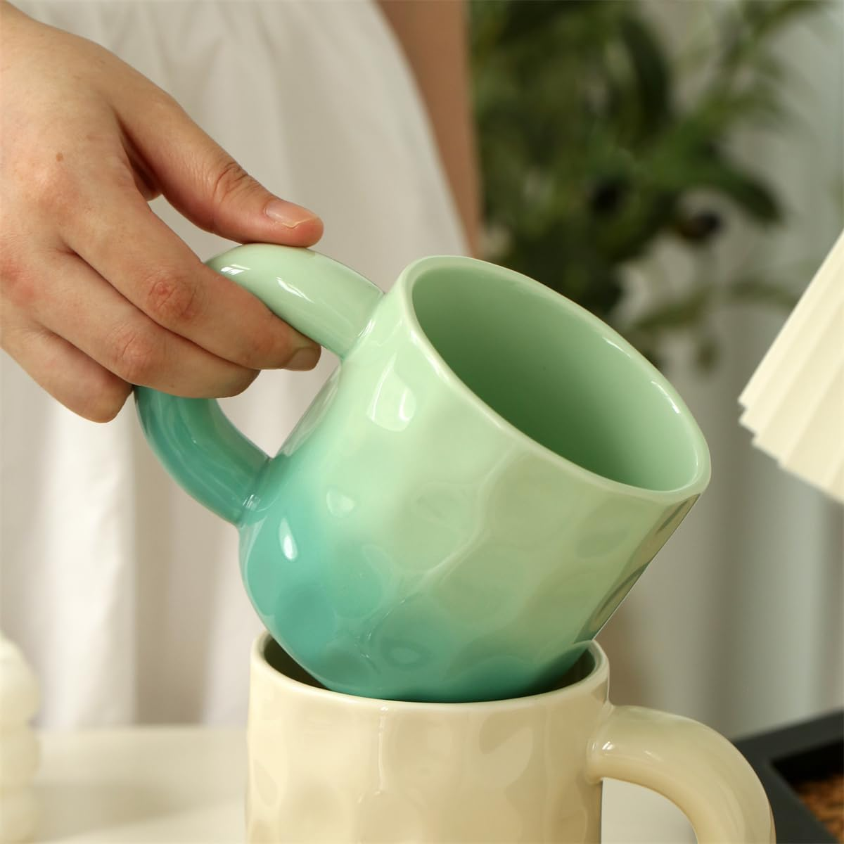 TREEWOO Creative Gradient Macaroon Color Ceramic Handmade Coffee Mug with Chubby Handle and Spoon Cute Breakfast Coffee Milk Cup for Family Friend (Green) image number 3