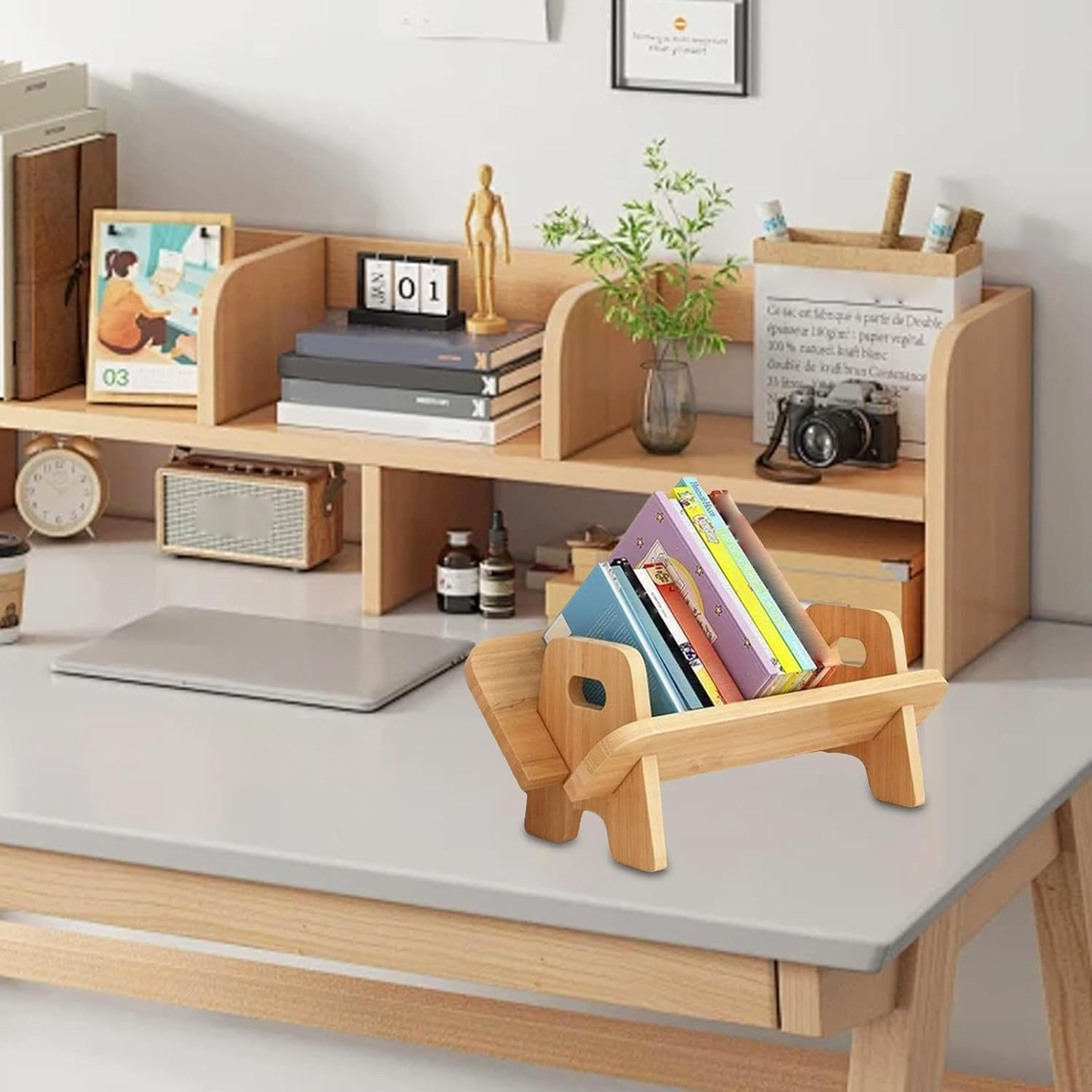 Solid Wood Minimalist Desk Bookshelf, Small Wood Tilting Bookshelf, Desk Organizer Bookstand, Smooth Display Bookshelves, Wear-Resistant Small Bookstand Storage Rack for Bedroom Offices image number 2