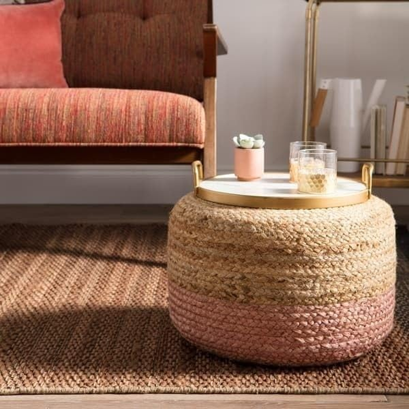 La'Grace Home Ombre Hand Braided Jute Cotton Pouf Ottoman, Jute Olive