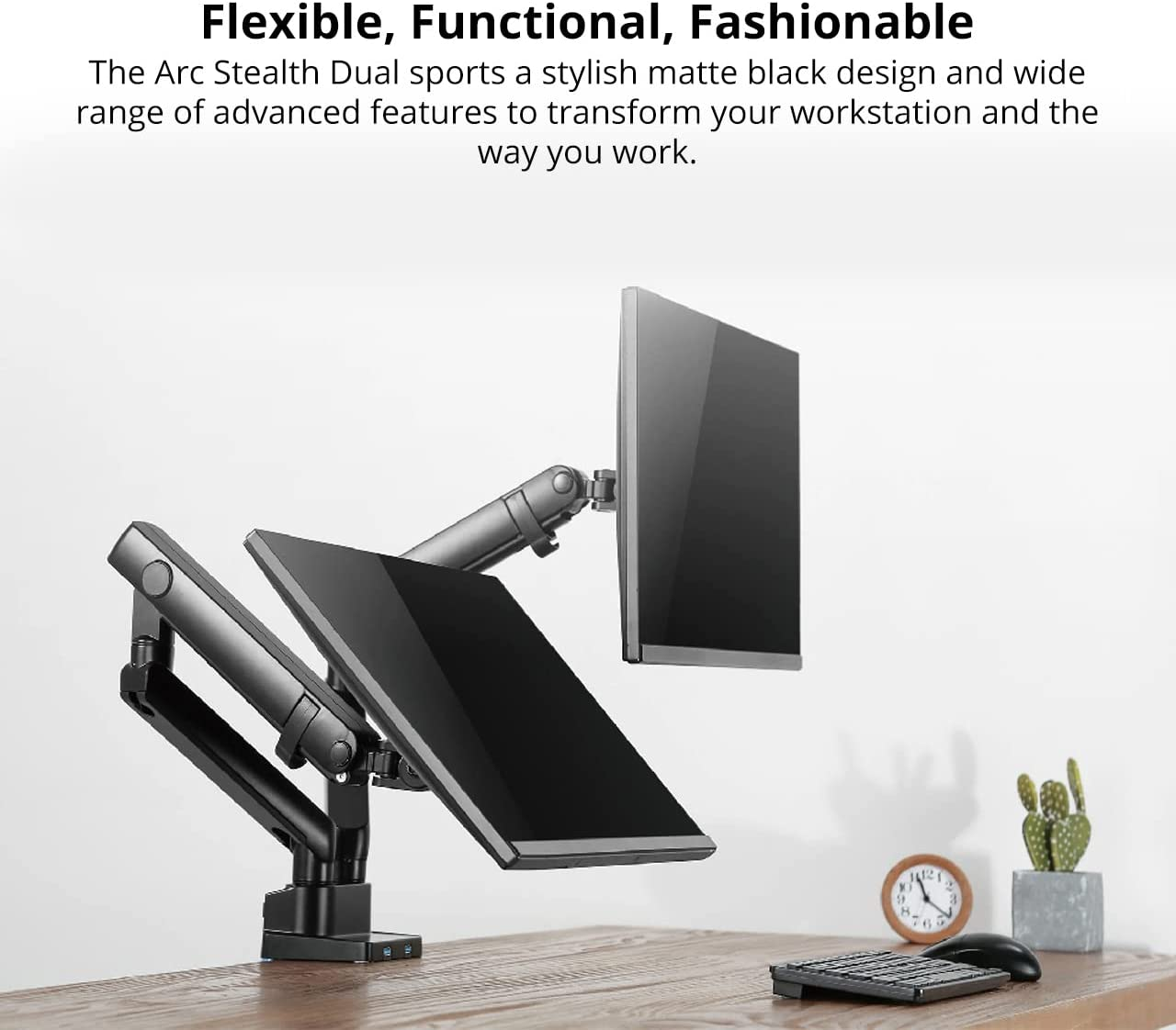 PRISM+ Arc Stealth Dual Monitor Arm | for Screens 17" - 34" | Weight up to 8Kg/Arm | VESA 75X75Mm 100X100Mm | Clamp/Grommet
