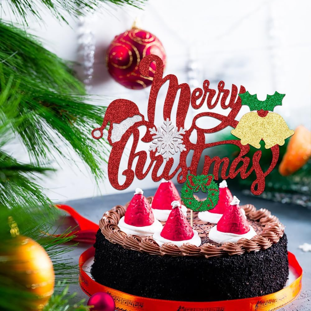 Merry Christmas Cake Toppers Glitter Christmas Eve Xmas Cupcake Picks for Celebrating Merry Christmas Theme New Year Holiday Party Cake Decorations Supplies ﻿ (Merry Christmas （Small Bell）) image number 3