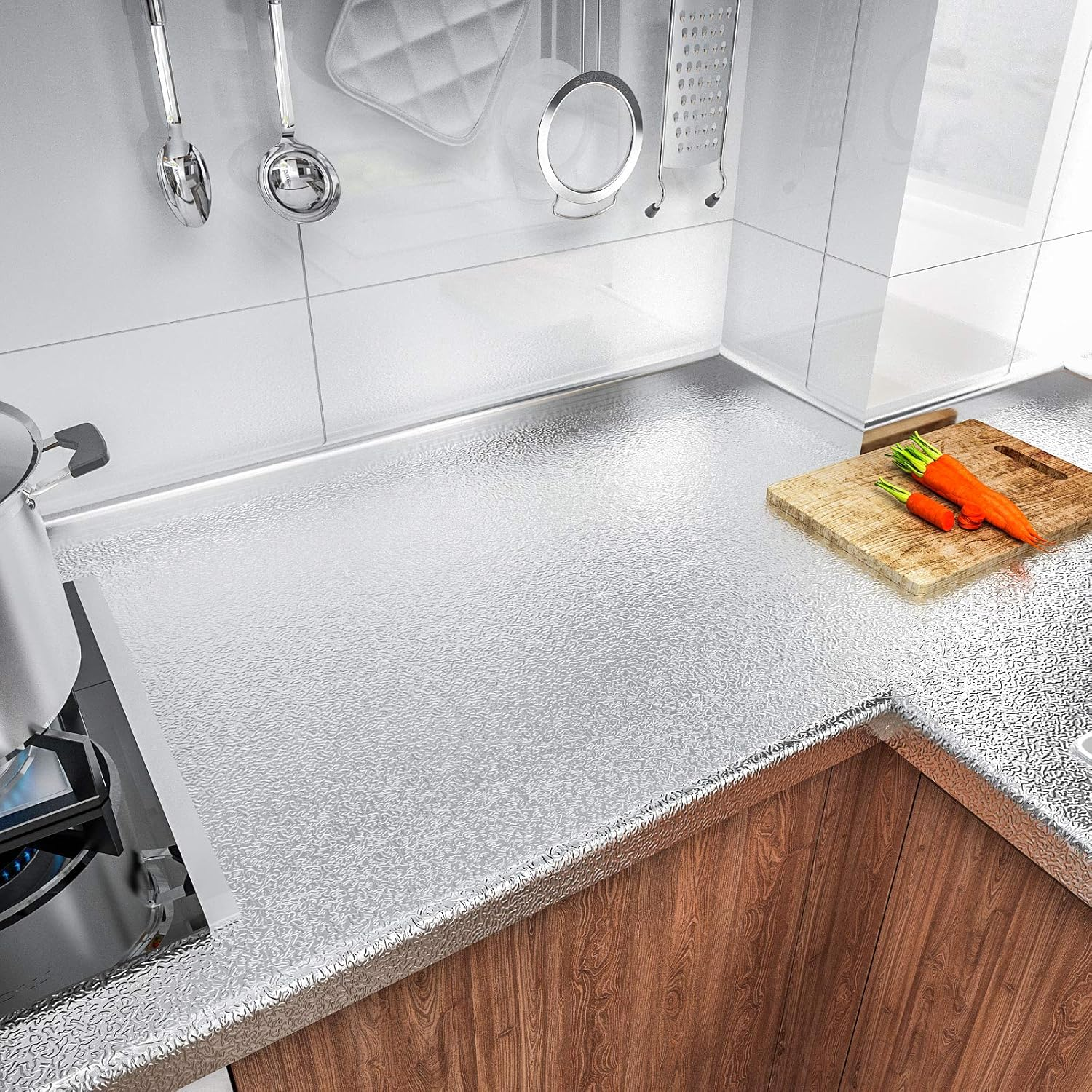 VEELIKE 15.7''X708'' Kitchen Oil-Proof Waterproof Backsplash Wall Stickers Roll Aluminum Foil Self Adhesive Peel and Stick Contact Paper Heat Resistant for Countertops Drawer Liner Shelf Liner image number 5