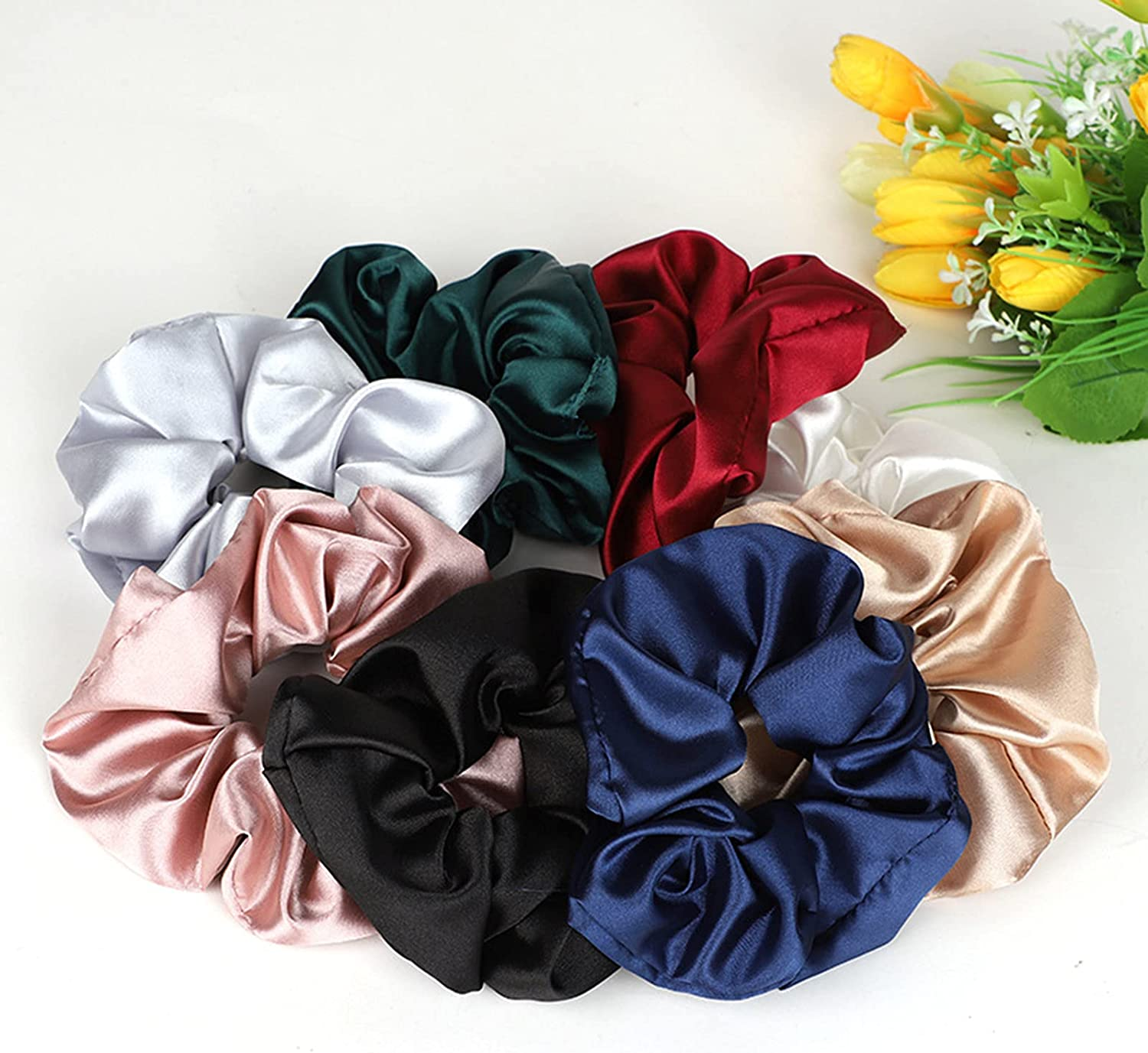 8 Pack - Silk Hair Scrunchies Set, MH MOIHSING Elastic Hair Bands Soft Hair Ties Large Ponytail Holder Bands 100% Silk Elastic Hair Bobbles Scrunchies for Women, Girls, Ladies Hair Accessories image number 3