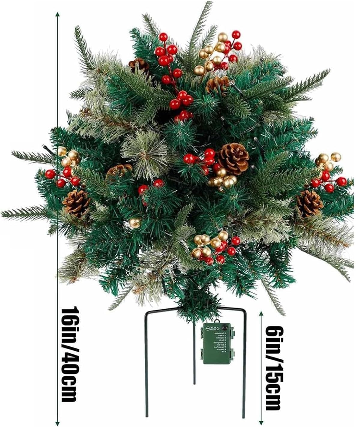 Outdoor Christmas Tree Frosted Urn Filler, Pre-Lit Artificial X Mas Tree with Cones & Red Berries, Battery Operated Christmas Tree, Outdoor Light up Planter Filler Holiday Home Decor image number 6