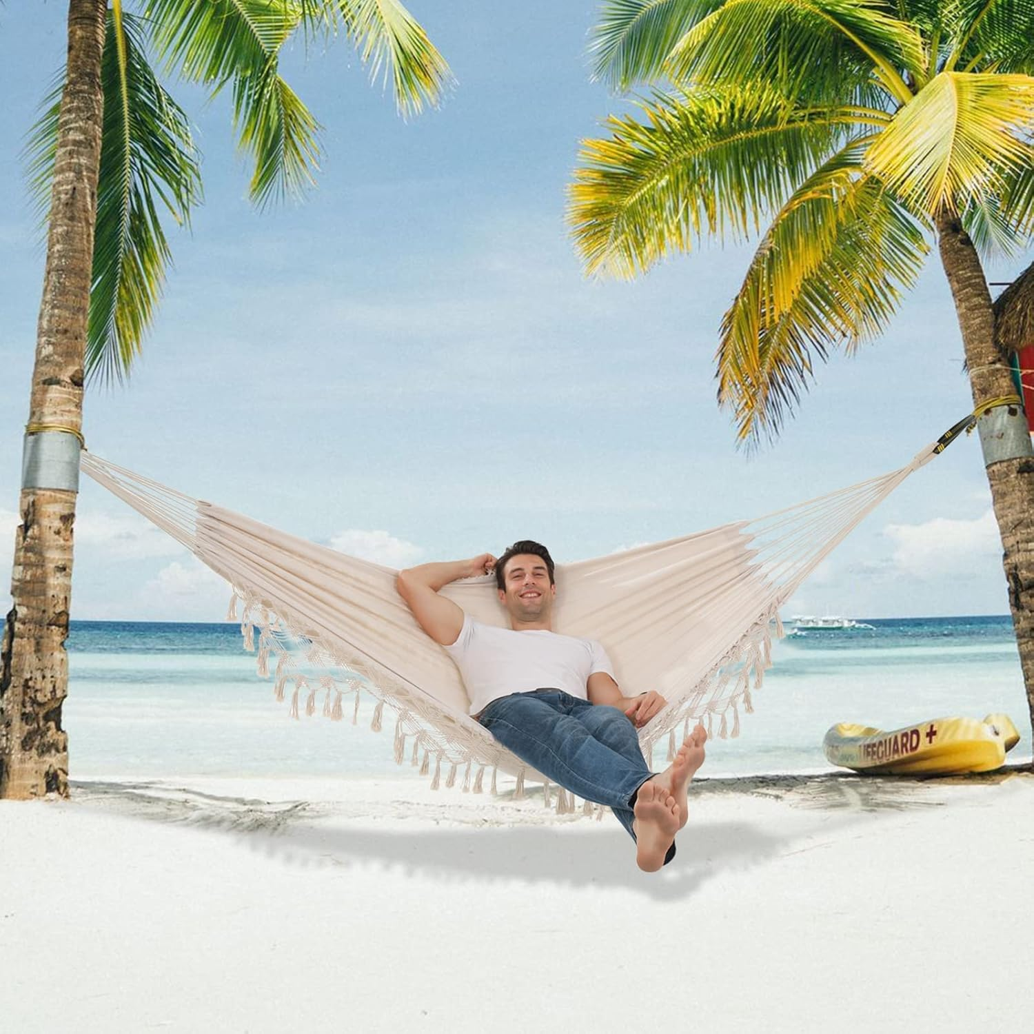 Hammock Boho Hammock Deluxe Double Hammocks Hamacas Para Patio 2 Person Portable Hammock with Carry Bag Perfect for Camping Patio, Porch, Bedroom, Yard, Beach, Indoor, Outdoor (Beige) image number 1