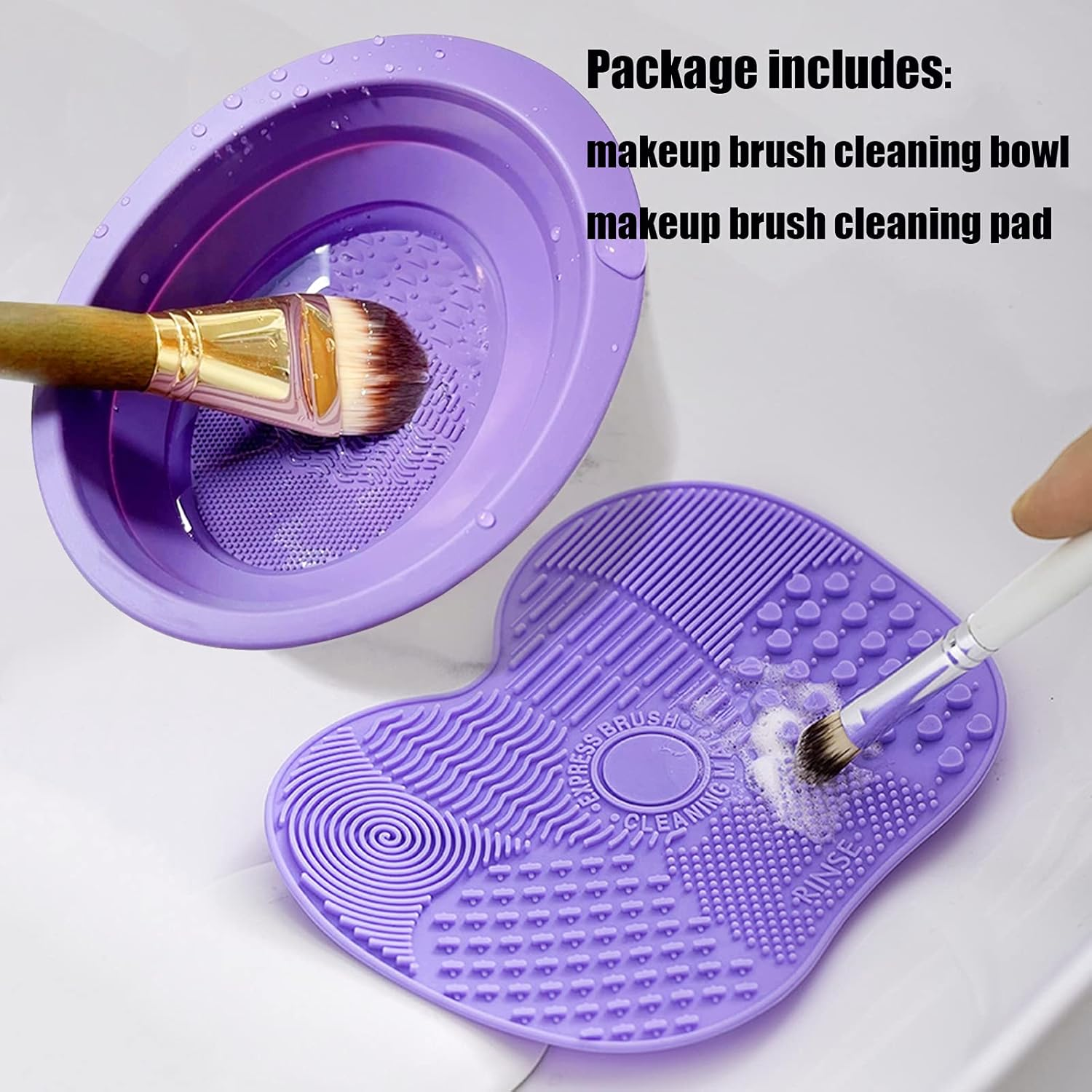 (Purple) - Silicone Makeup Brush Cleaning Mat, Cosmetic Brush Cleaner, Brush Cleaning Pad, Foldable Makeup Brush Cleaning Bowl, Suitable for Makeup Brush, Makeup Sponge, Powder Puff (Purple) image number 4