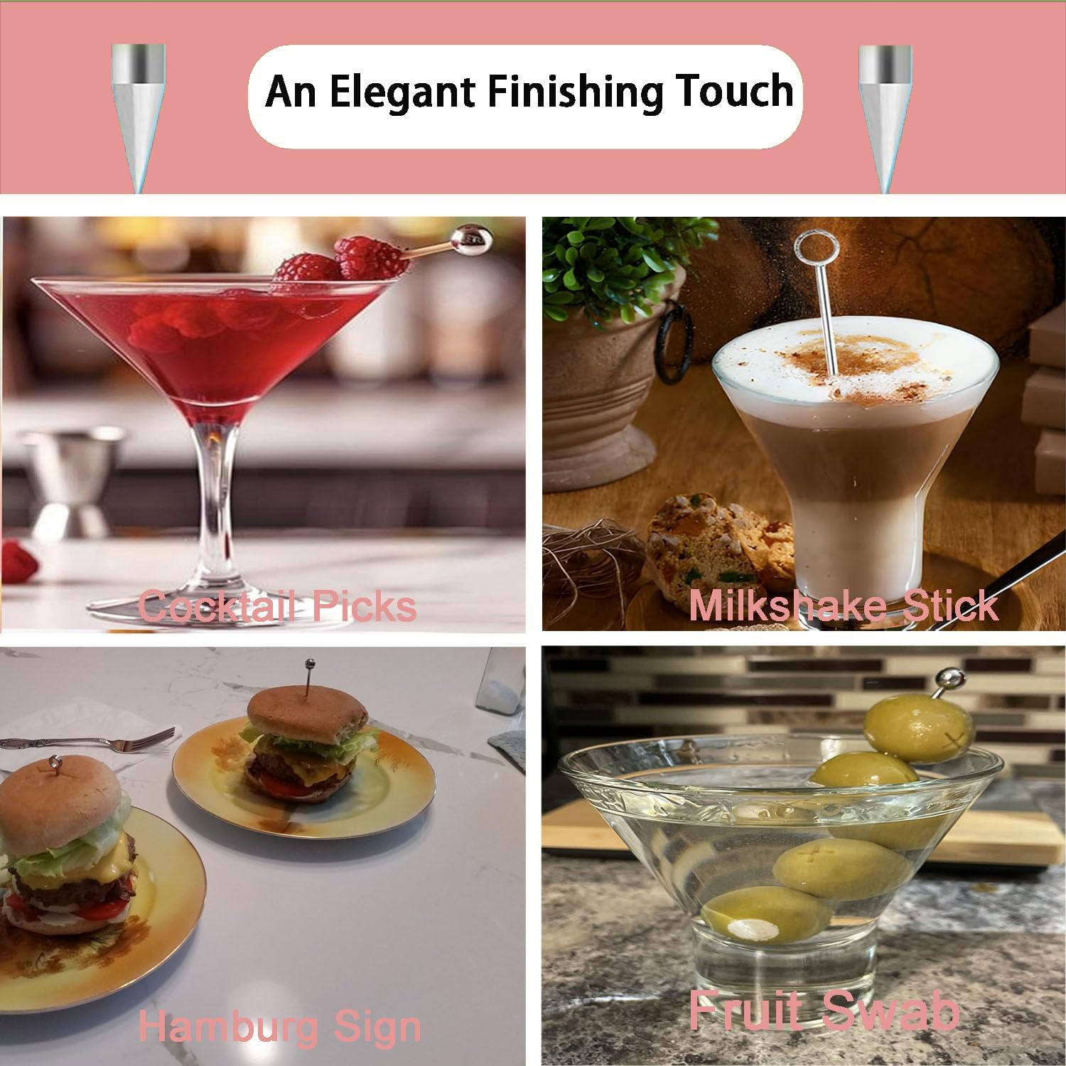 20 Pack Stainless Steel Cocktail Picks - 11Cm Reusable Martini Skewers for Olives, Fruit, Cheese | Dishwasher Safe Bar Accessories, Drink Garnish Picks (Silver) image number 5