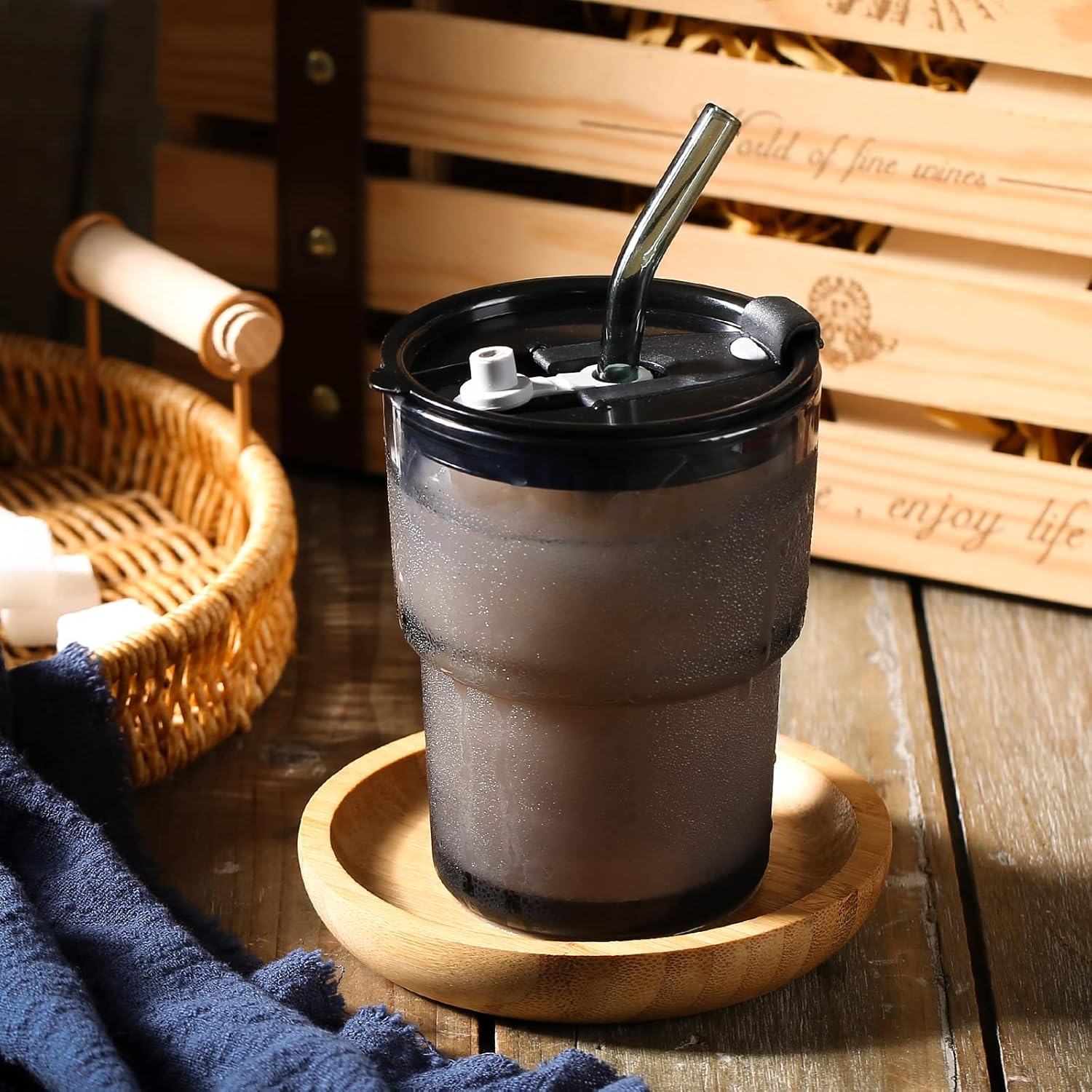 13 OZ/400ML Ice Coffee Glass Tumbler with Straw and Lid Sealed Carry On, Thick Wall Water Glass Cup Mug Tea （Gray） image number 3