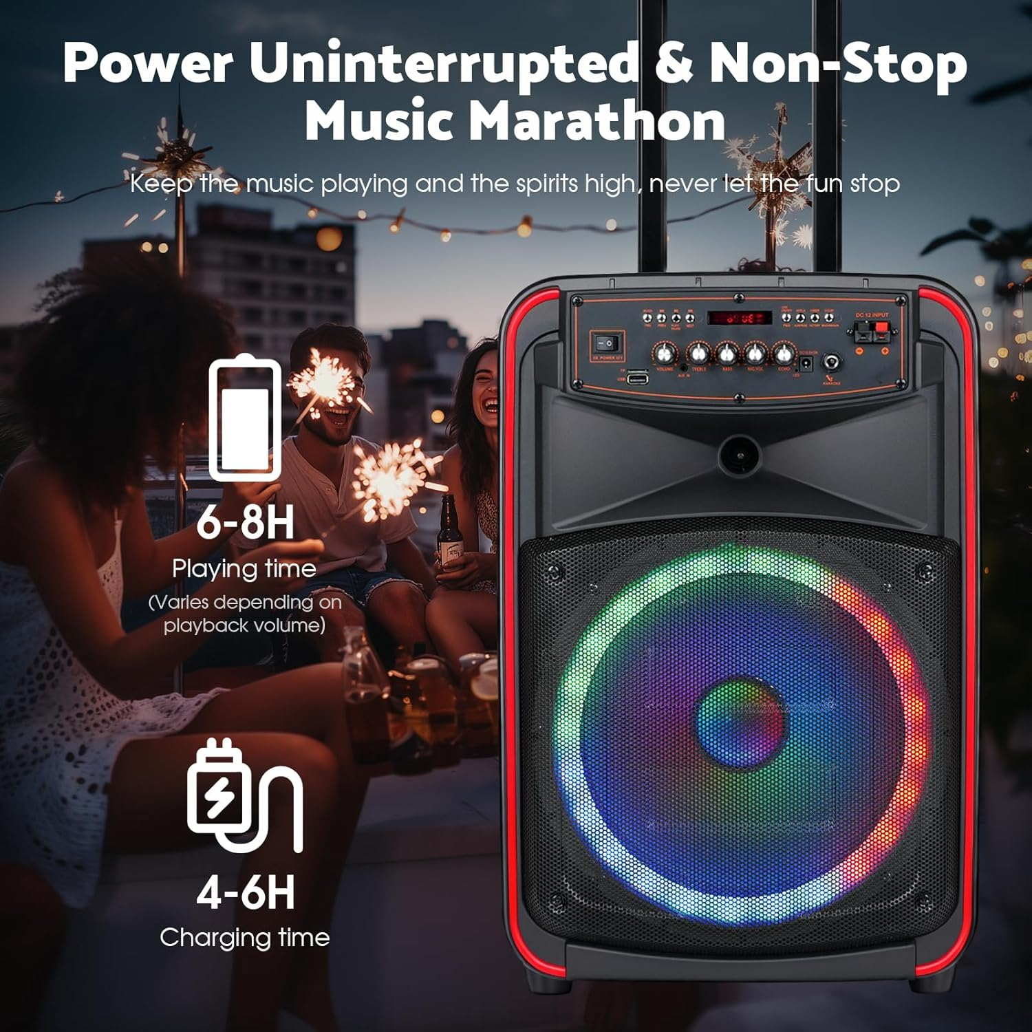 Advwin Karaoke Machine for Adults, Portable Bluetooth Karaoke Speaker for Outdoor Home, Singing Machine W/2 Wireless Microphones, Party Light, Echo/Treble/Bass Adjustment, Supports TWS/AUX/USB/TF/FM image number 4