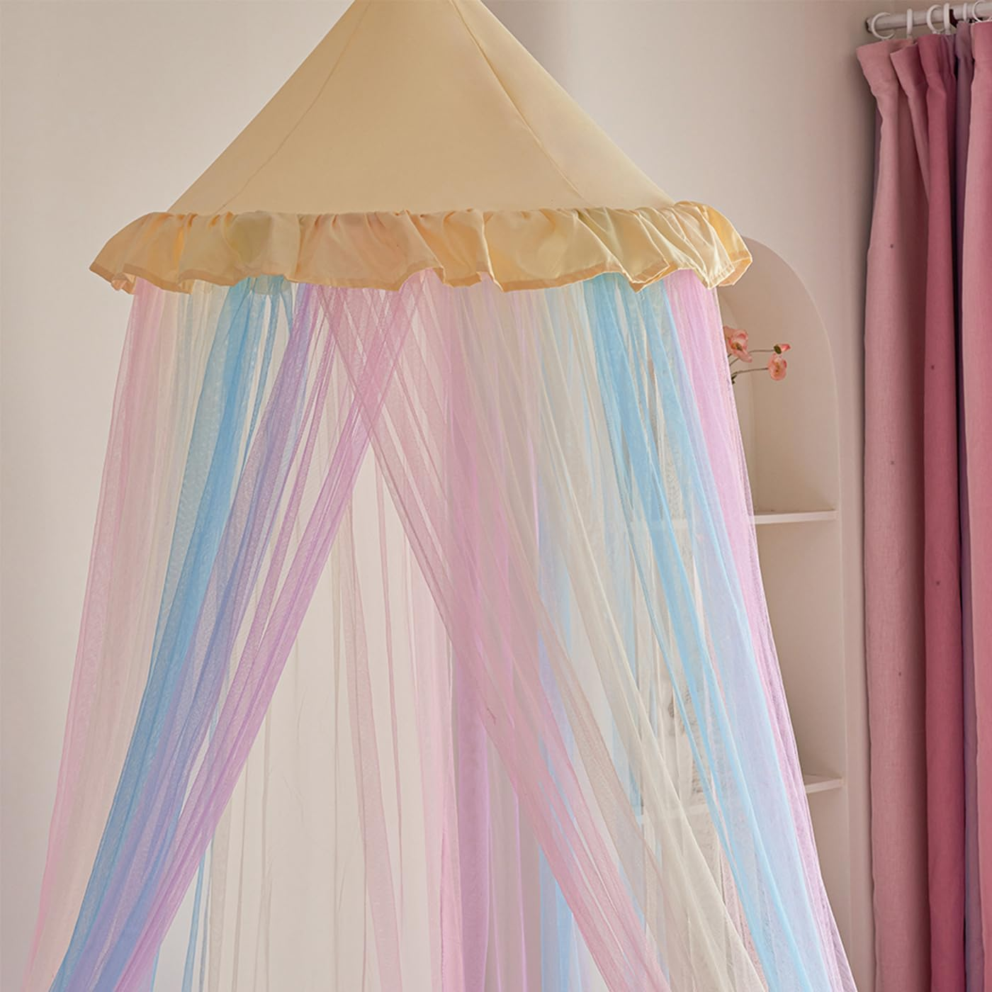 Rainbow Bed Canopy for Girls, Ruffles Mosquito Net with Dust-Proof round Dome Kids Dreamy Princess Bed Canopy Netting Room Crib Bed Curtains Camp Decor Accessories Child Reading Corners Ceiling Tent image number 2