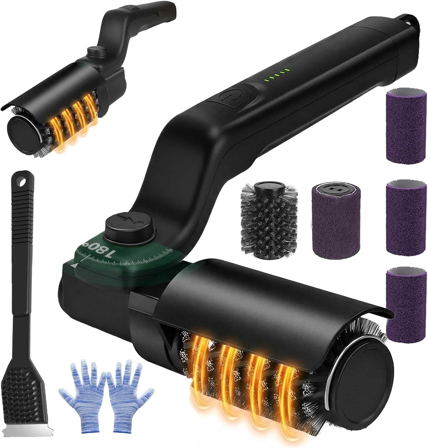 Electric BBQ Grill Cleaner Brush with Scraper, 3-Speed Power Scrubbing with 180&deg; Adjustable Head, Rechargeable and Replaceable Brush Heads for Outdoor Grills Cleaning, Max 400RPM