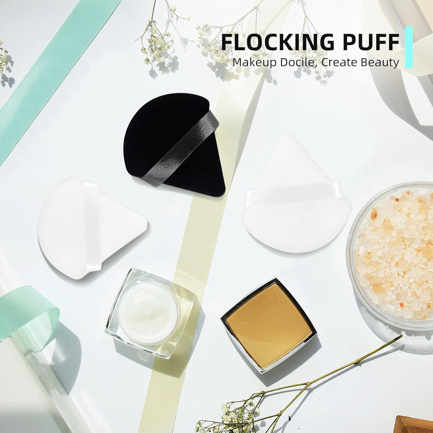 20 PCS Cosmetic Powder Puff, 2.83'' Cotton Triangle Face Makeup Puff Setting for Loose Powder Velvet Soft Body Foundation Portable Wet Dry with Ribbon Band Handle Beauty Tool (Black; White) image number 1