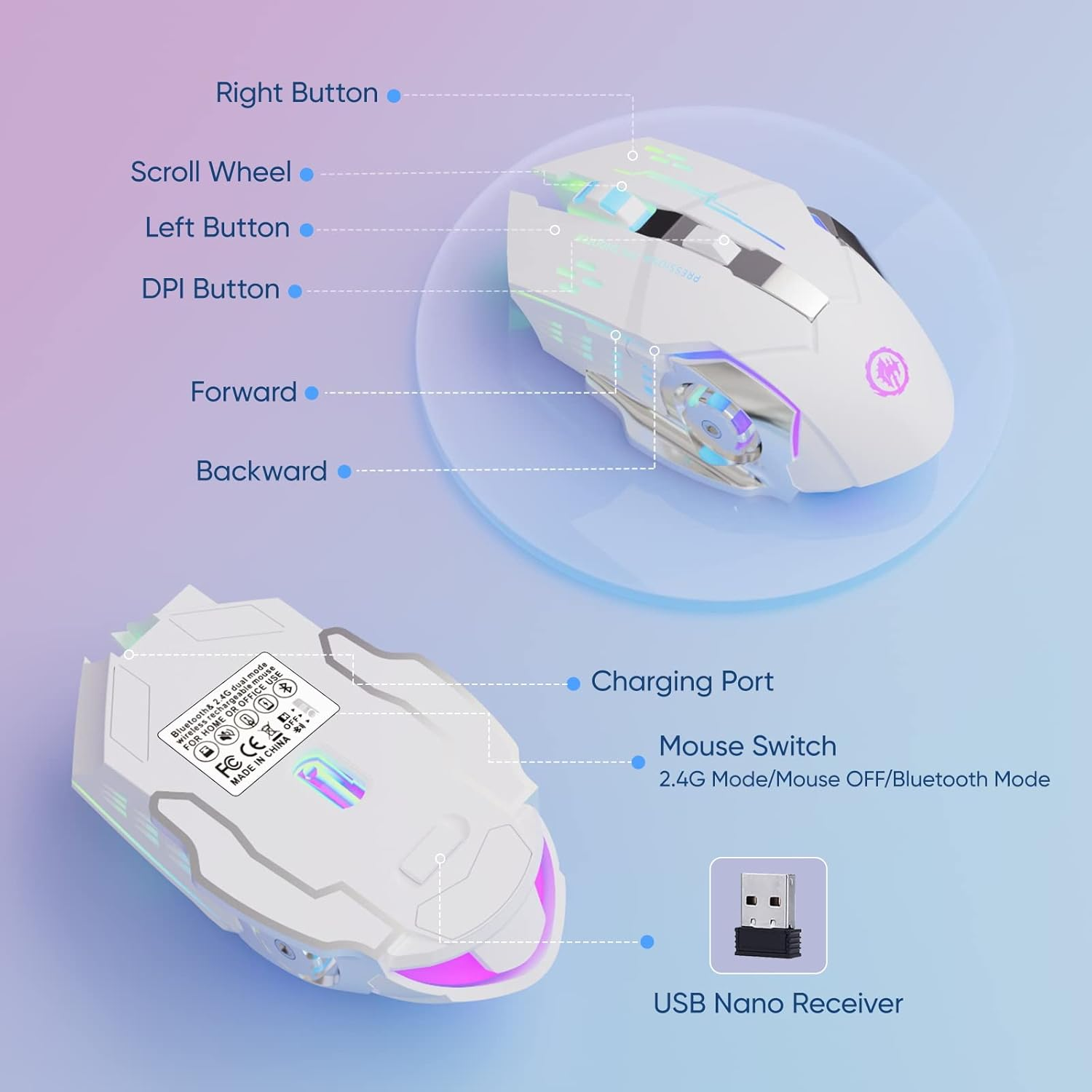 Wireless Gaming Mouse Bluetooth Mouse RGB Rechargeable 2.4G USB Cordless Computer Mice with 7 Color Backlit, 6 Buttons & Silent Click for Laptop, Ipad, Mac OS, PC, Windows -White image number 3