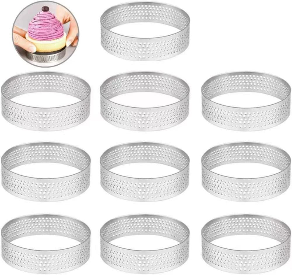 10 Pcs 2.76 Inch 304Stainless Steel Tart Ring, Heat-Resistant Perforated Cake Mousse Ring, round Ring Baking Doughnut Tools (7Cm) image number 3