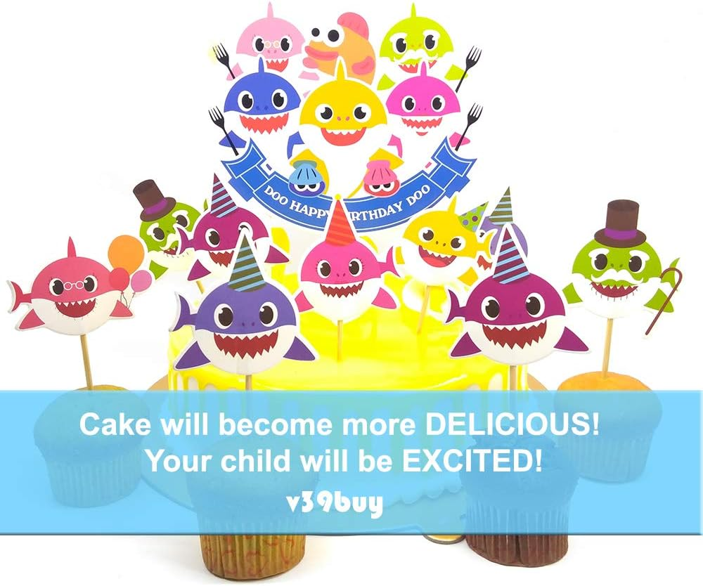 Baby Shark Birthday Cake Topper, Cute Shark Cupcake Toppers for Childrens Party, Doo Doo Baby Shower Cake Supplies and Decoration for 1St Kid Birthday with Card Board image number 5