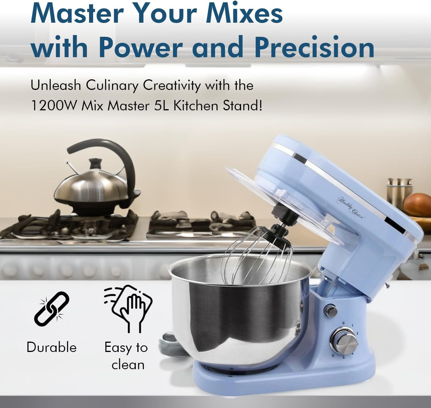 Healthy Choice 400W Stand Mixer with 5L Bowl Capacity, Powerful Kitchen Mixer for Baking, Mixing and Dough Kneading, Includes Multiple Attachments - Blue image number 4