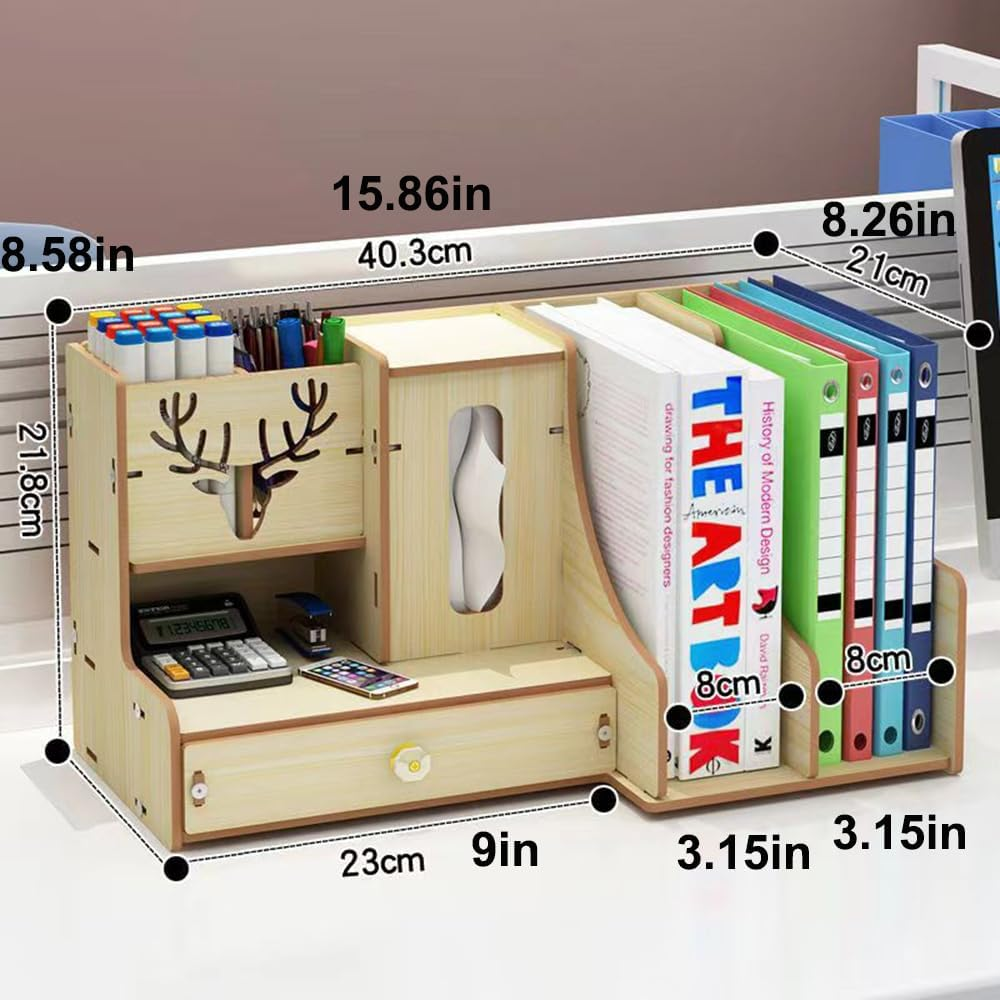 Hbluefat Desktop Organizer with Drawer, Wooden Desk File Document Organizer with Pen Holder and Tissue Box, Tabletop Stationery Storage Rack for Desk Accessories, File, Book, Office Supplies (Maple) image number 5