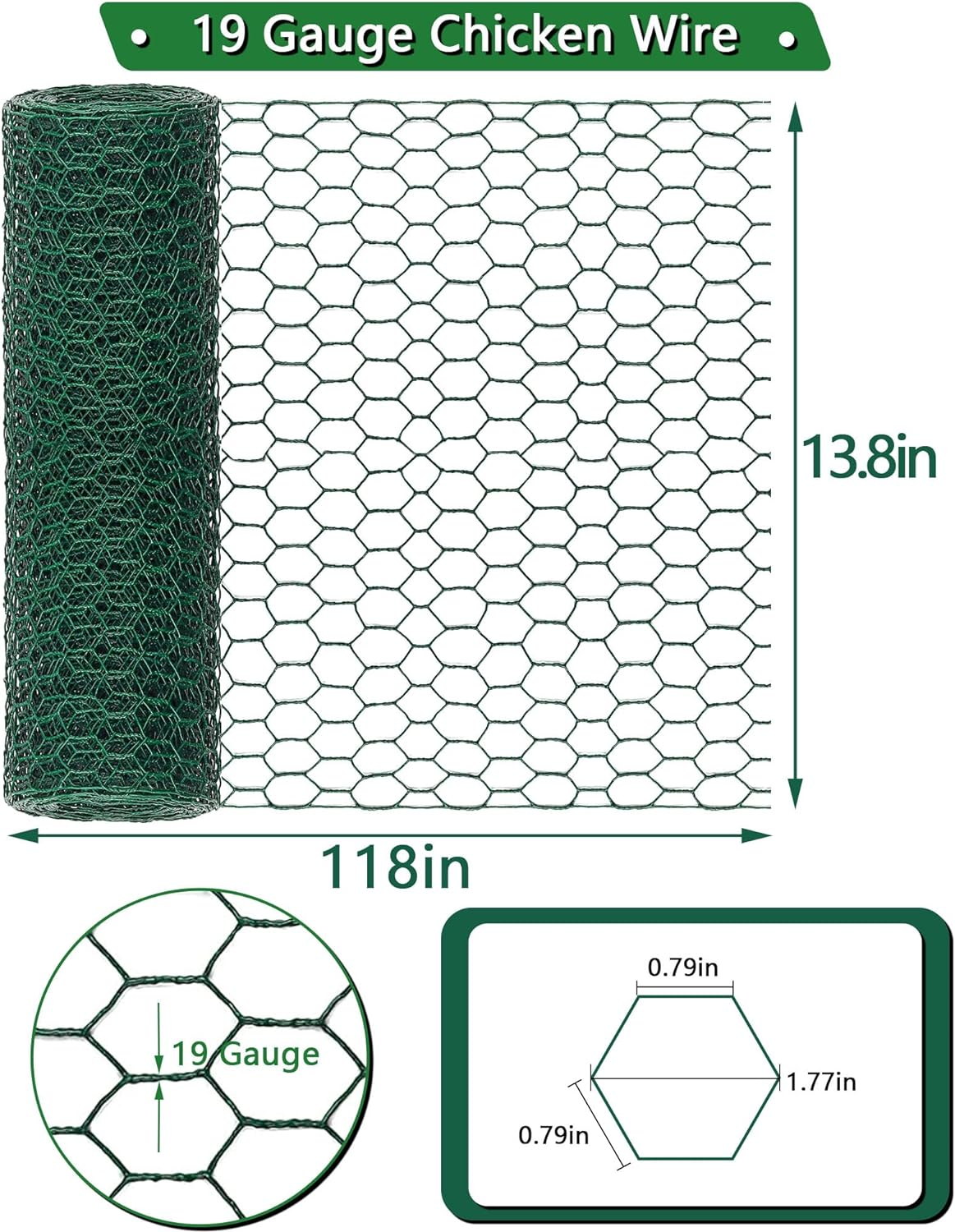 Chicken Wire Fencing,13.8X118 Inch Chicken Wire,19 Gauge PVC Coated Chicken Wire Mesh with 1" Fine Mesh,Hexagonal Galvanized Chicken Wire Fence,Floral Chicken Wire for Crafts Garden Poultry image number 1