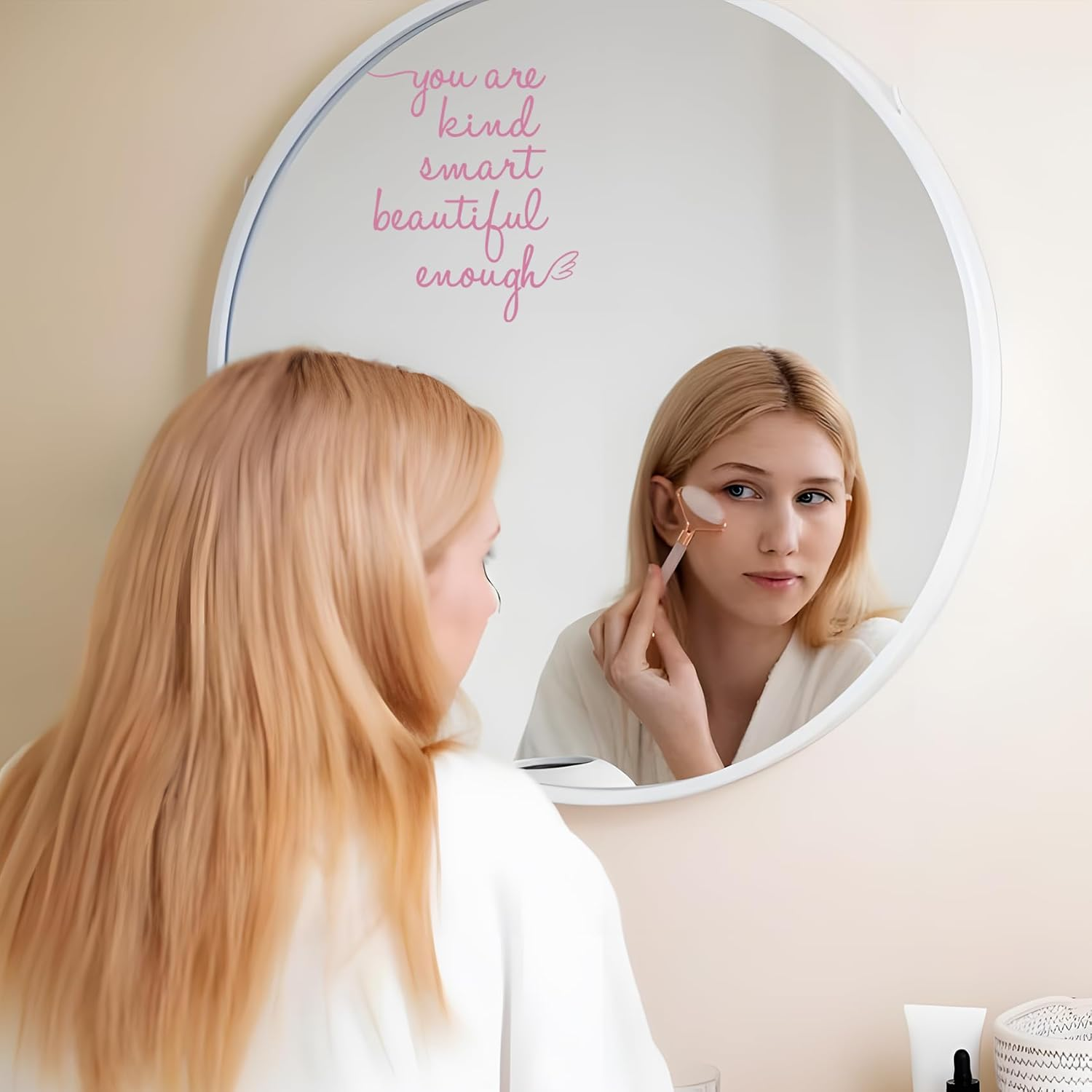 Bathroom Mirror Affirmation Wall Decor, You Are Kind Smart Beautiful Enough Vinyl Stickers, Mirror Wall Sticker for Bathroom Bedroom, Affirmations Decals for Girls Teens (Pink)