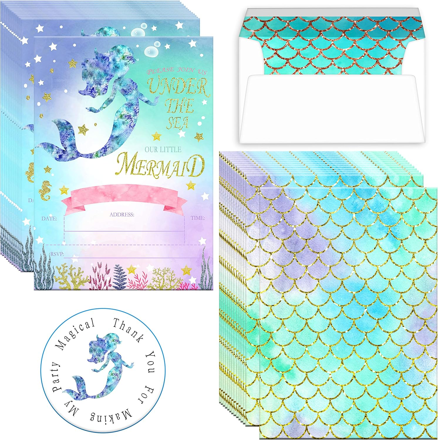 Mermaid Invitations with Envelopes,Magical Glitter Mermaid Party Invitations,20 Fill in Mermaid Birthday Invitation under the Sea Invitations