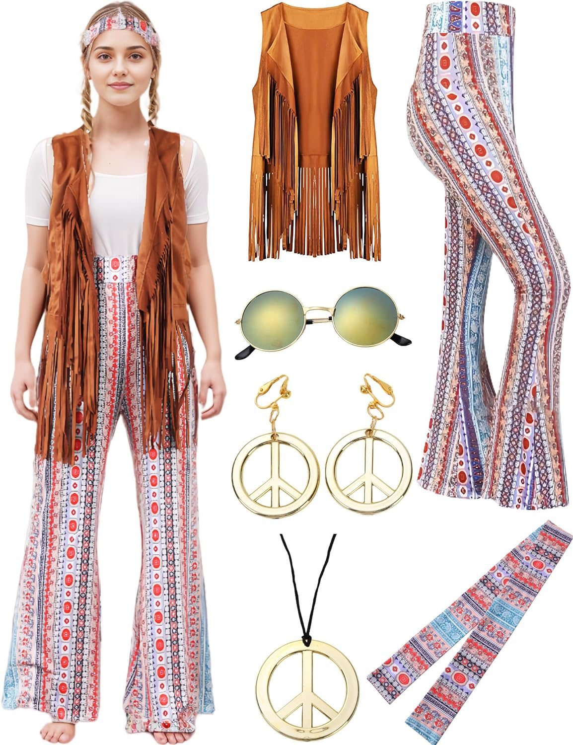 Halloween Hippie Costumes with Pants 60S 70S 80S Women Costume Adult Christmas Party Costume with All Accessories image number 2