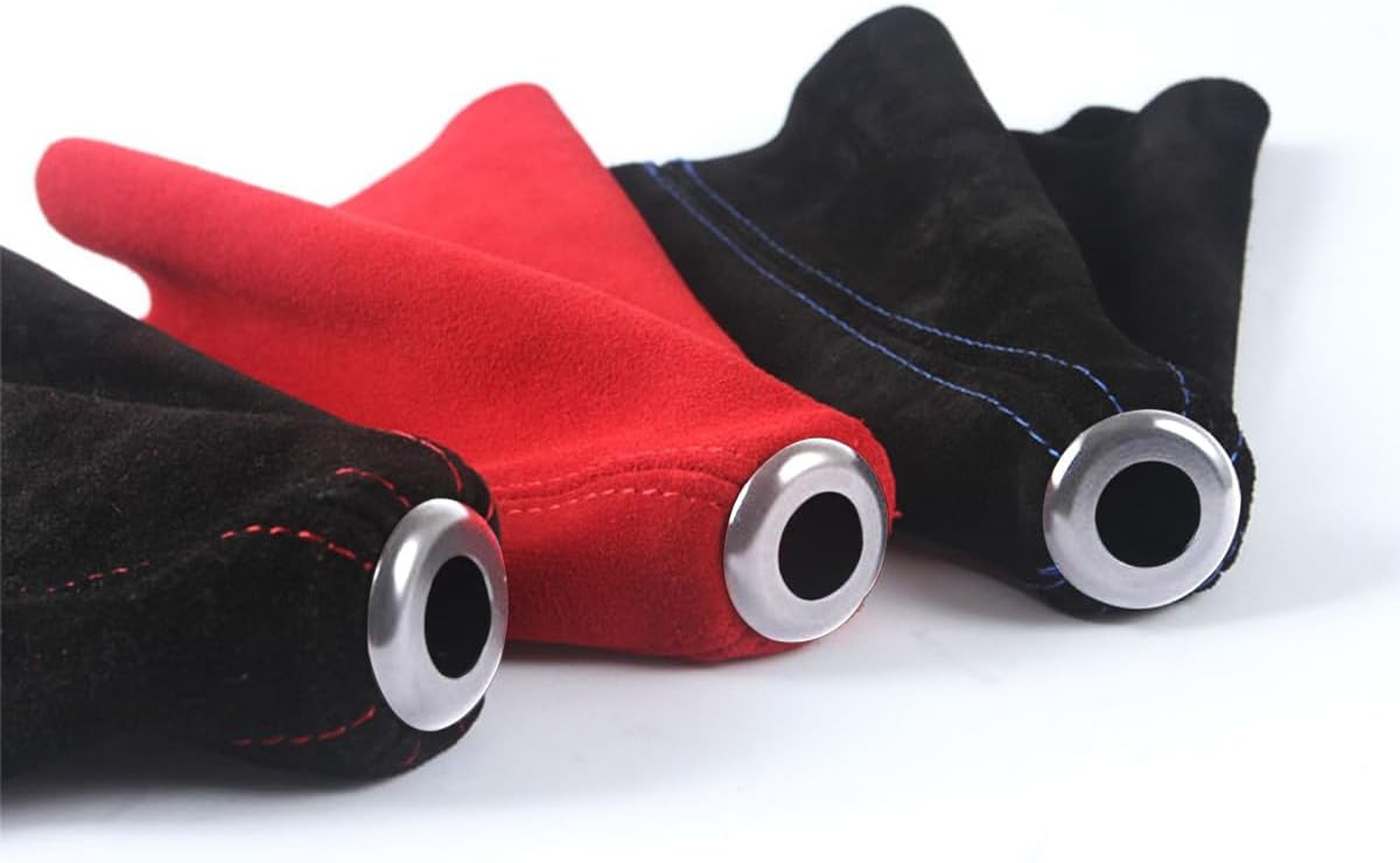 BESULEN Car Shift Boot Cover, Suede Leather Shift Knob Boot Dust Cover, Manual/Auto Shifter Boot Sleeve Replacement, Handbrake Gaiter Boot Dust Cover Car Interior Accessories, Red/White - Black/Red image number 2