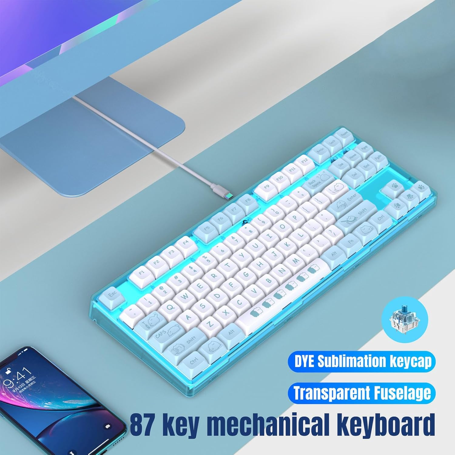 Mechanical Gaming Keyboard - USB Backlit Keyboard with PBT Keycaps, RGB Backlight, 20 Lighting Modes, Ergonomic Design, Detachable USB Cable