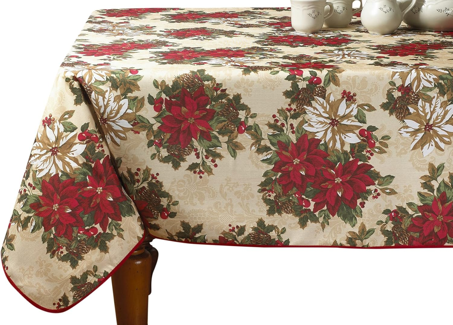 Violet Linen European Holiday Christmas Poinsettia Garden Design Printed Tablecloth - Beige - 60" by 102" Oblong/Rectangle image number 2