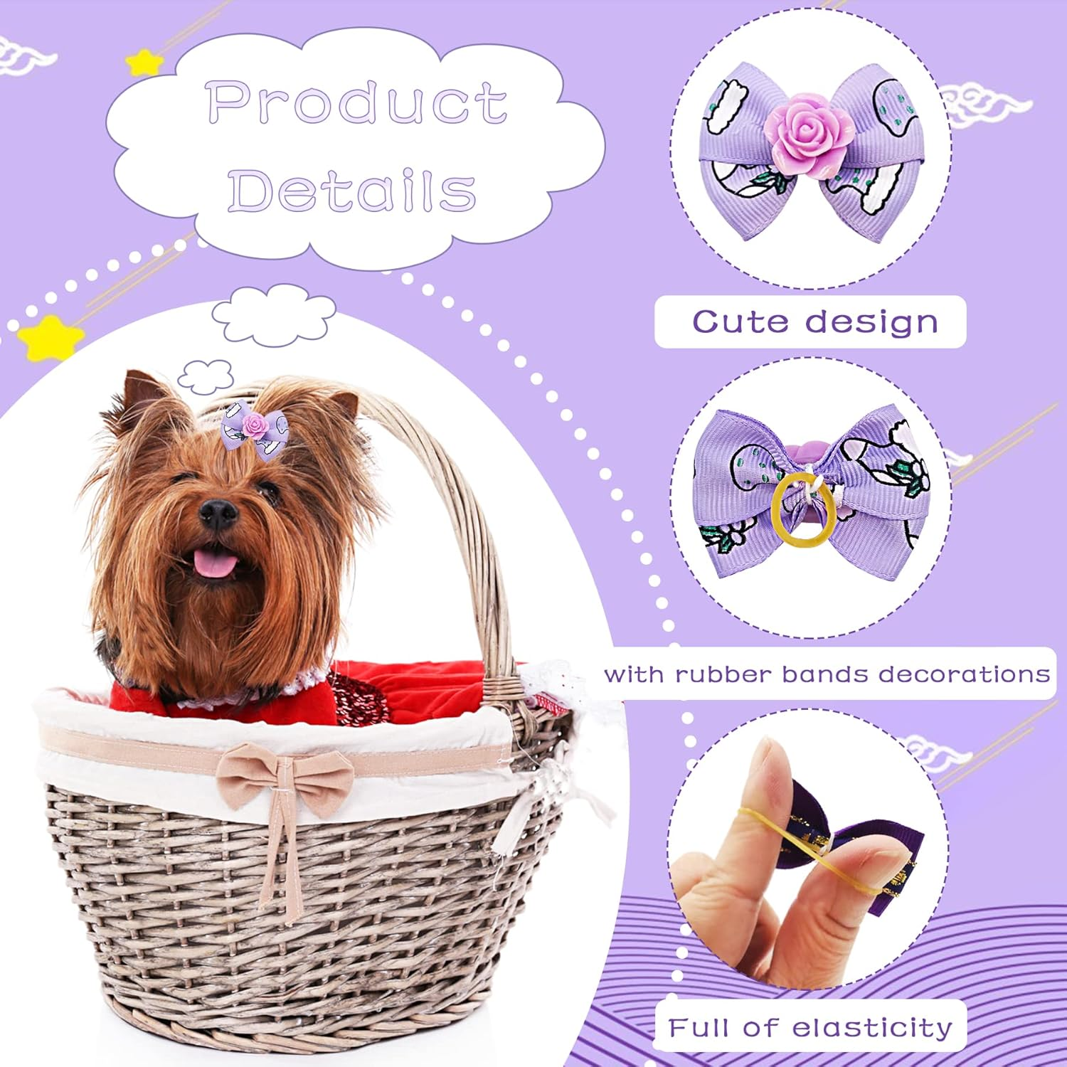 30PCS/15PAIRS Purple Dog Hair Bows with Rubber Bands Puppy Hair Bowknot Top Knot Elastic for Girl Female Doggy Cat Rabbit Poodle Pet Animal Grooming Accessories Attachment&hellip;