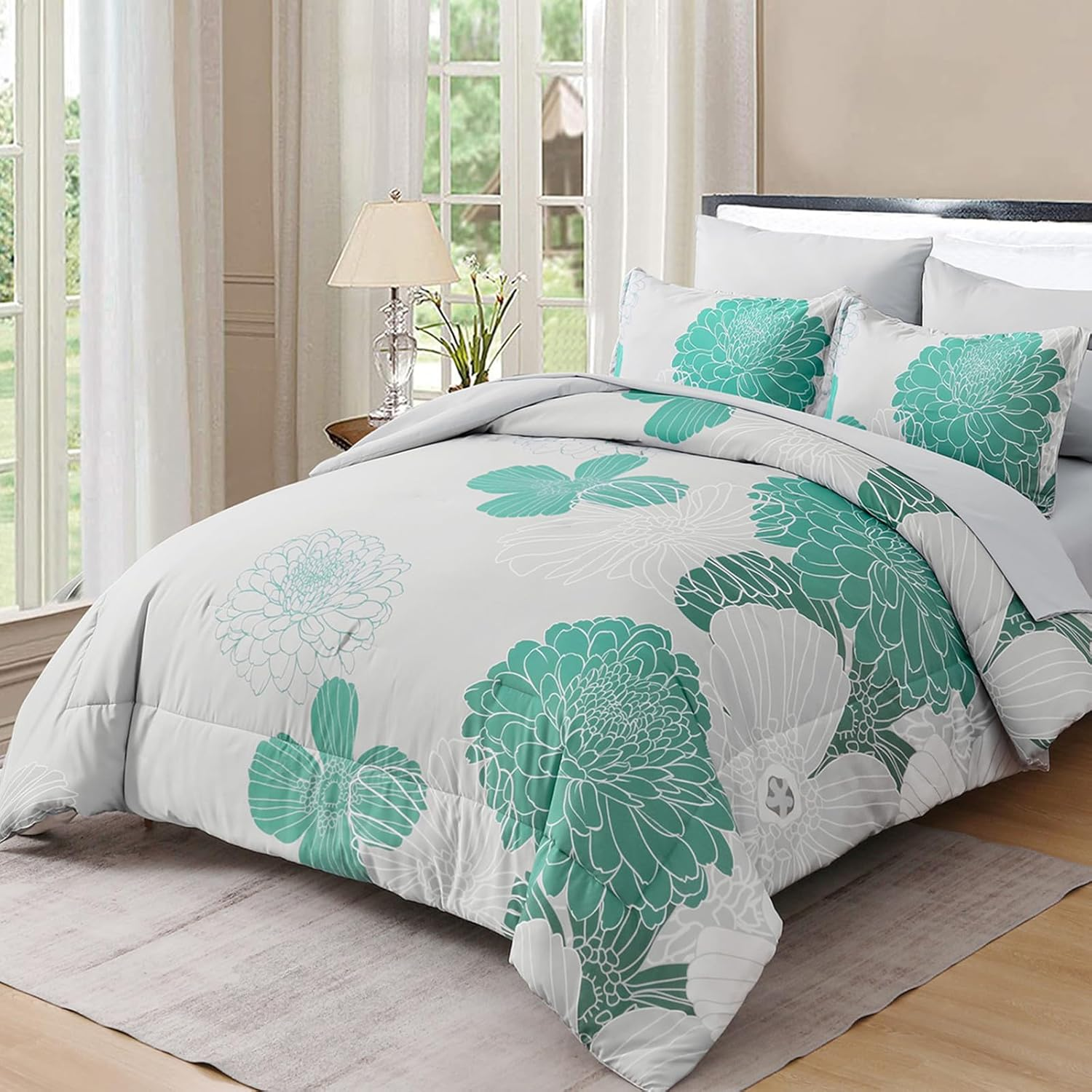 Yiran 7 Pieces Bed in a Bag Blue Floral Comforter Set Queen Size Flowers Comforter Set Soft Microfiber Bedding Set (1 Comforter 1 Flat Sheet 1 Fitted Sheet 2 Pillowshams 2 Pillowcases)