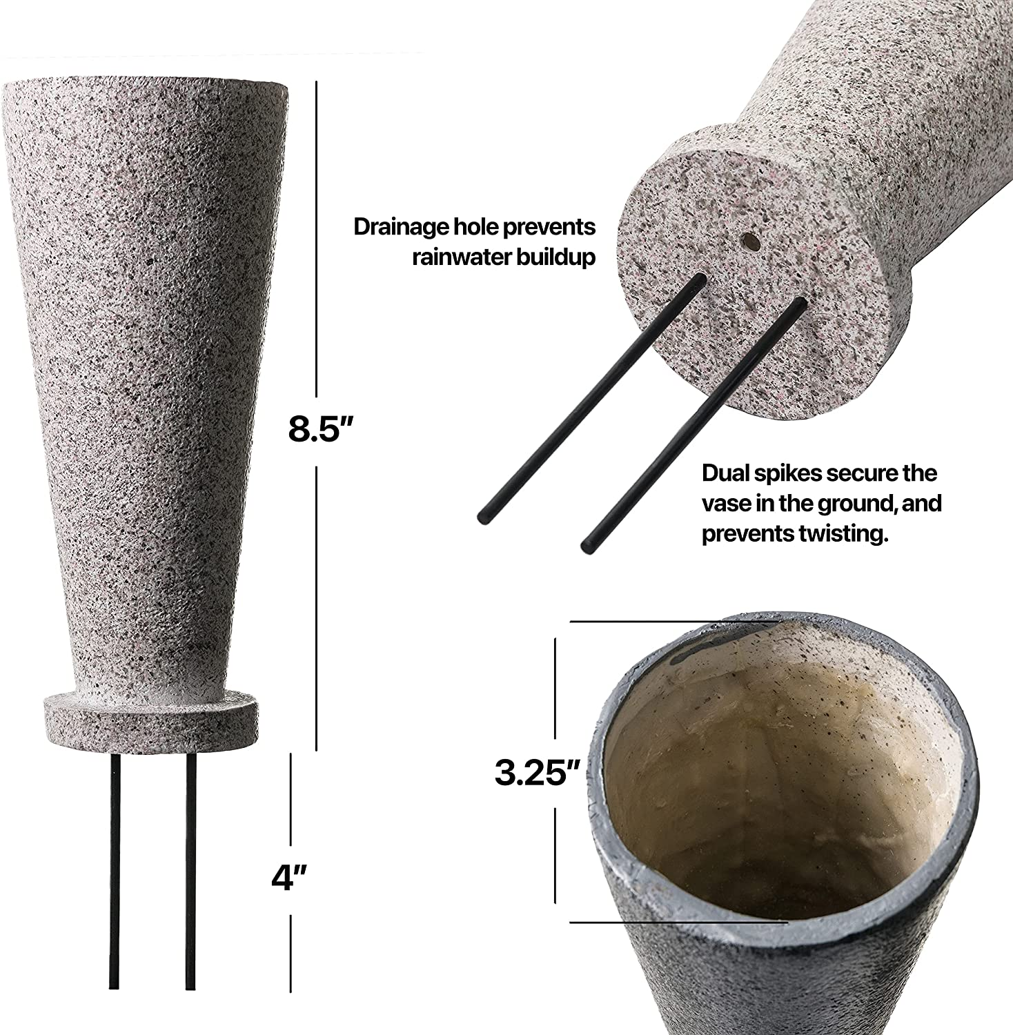 Cemetery Vase with Stakes-Plastic Flower Vases with 2 Ground Spikes, Draining Holes - for Garden, Lawn, Yard - Memorial Grave Decorations 12.7X3.4.X3.9, Black Granite Design image number 2