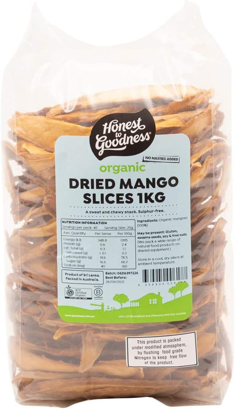 Honest to Goodness, Organic Dried Mango Slices, 1 Kilogram - a Chewy and Irresistible Snack Offering a Pure, Wholesome Goodness Experience in Every Bite.