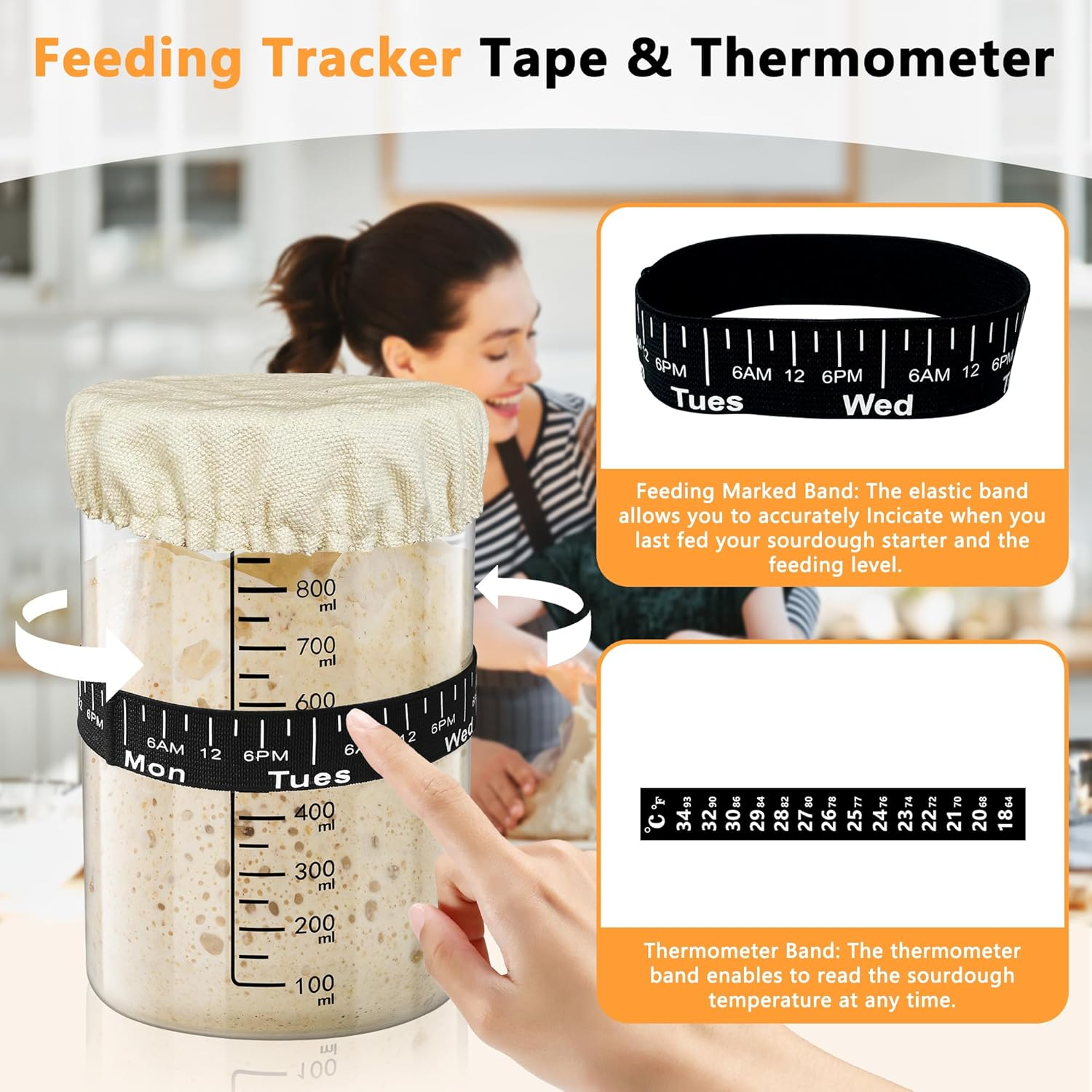 Sourdough Starter Jar Kit 900Ml, 30Oz Sourdough Starter Kit, Heat Resistant Glass Container, Scale Thermometer Strip Spatula Level Band Cloth Cover Lable Pen image number 2