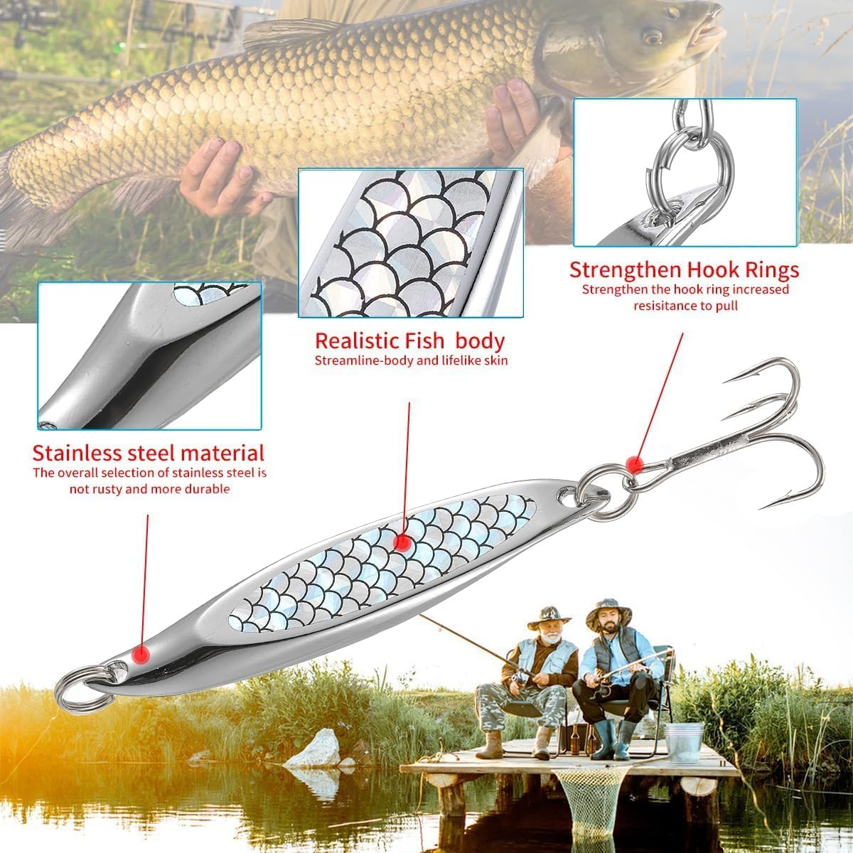 5 Pieces of Fishing Bait, Fishing Spoon, Single Hook Trout, Bass, Salmon, Freshwater, Saltwater, Metal Hook Suitable for Various Fish Species