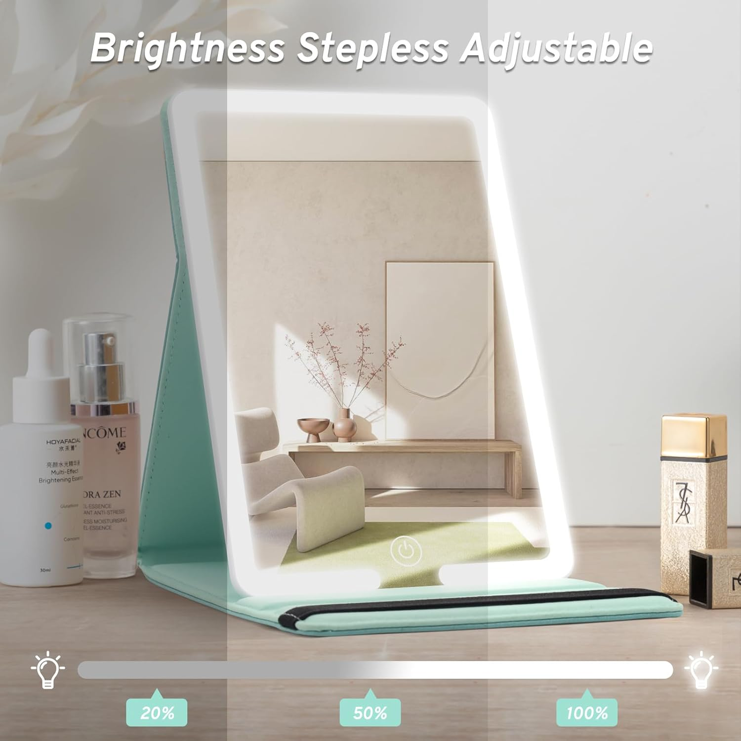 Travel Makeup Mirror with Lights, Lighted Travel Mirror with PU Leather Cover, 1500Mah Battery 3-Color Light Modes Dimming LED Light up Vanity Cosmetic Mirror of 8X 5.5Inch for Travel, Home, Office image number 4