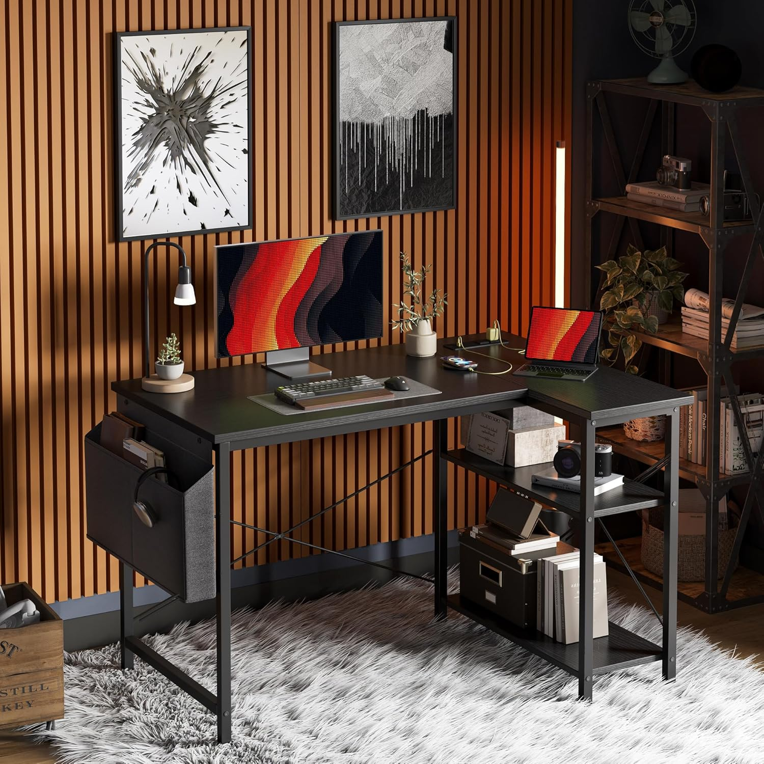 TIQLAB Small L Shaped Desk with Power Outlets - 100X70 Cm Corner Computer Desk Writing Table, Reversible Large Storage Shelves, Bookshelf Workstation for Study Play Work Bedroom Home Office, Black image number 4