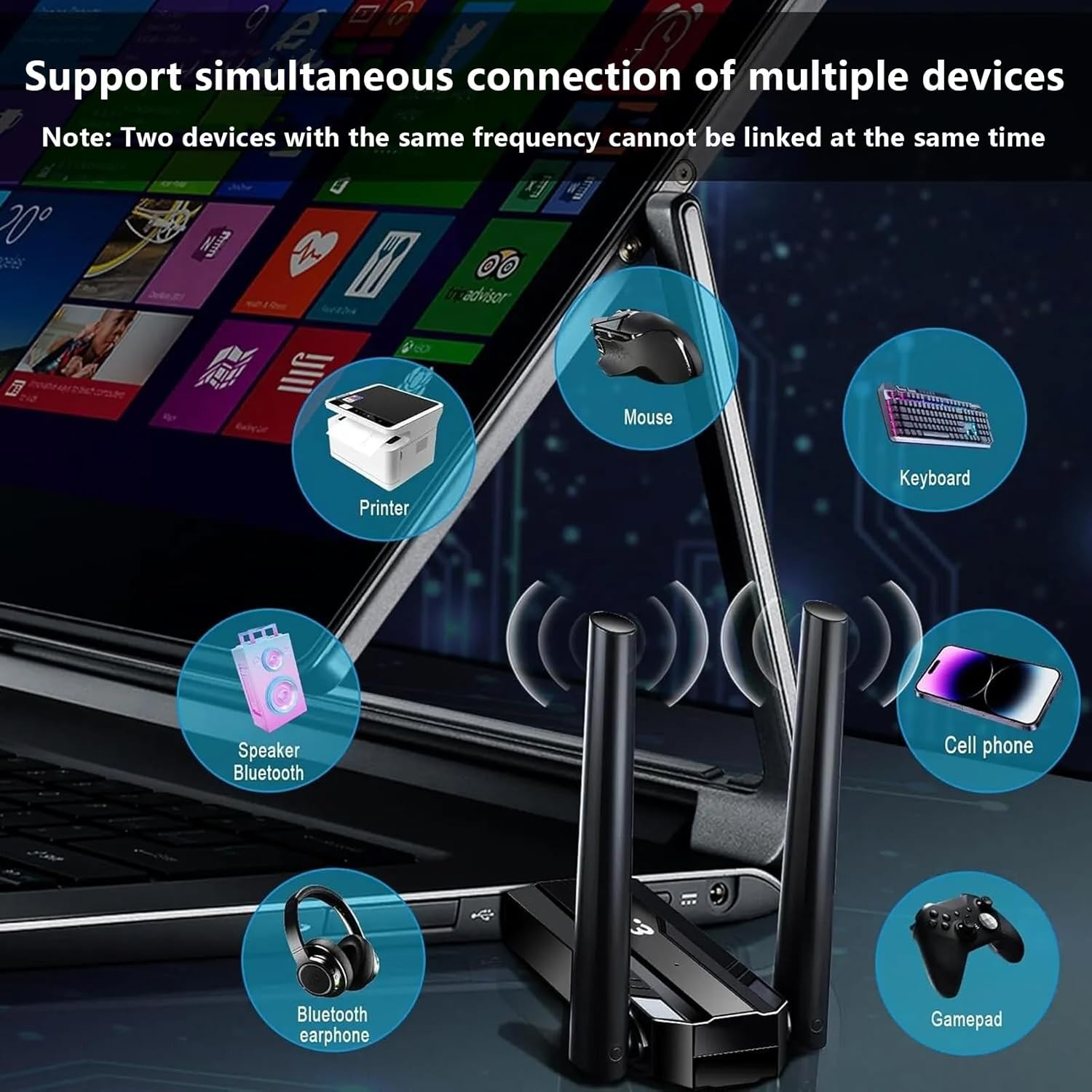 USB Bluetooth 5.3 Adapter with Dual High Gain Antenna, No Delay and Anti-Interference, Long Range Wireless Bluetooth Receiver for Windows 11/10/8.1/7 PC Mouse Keyboard [Up to 7 Devices] image number 3