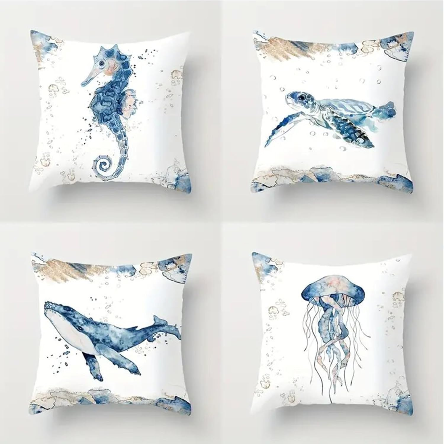 Generic Theme Pillow Covers 18X18In, 4-Pack Ocean Beach Coastal Decor Outdoor Cushions Seashell Throw Pillow Covers for Couch, Sofa, Bed (W/O Insert) &ndash;Turtle Seahorse Whale Octopus (Ocean Theme)