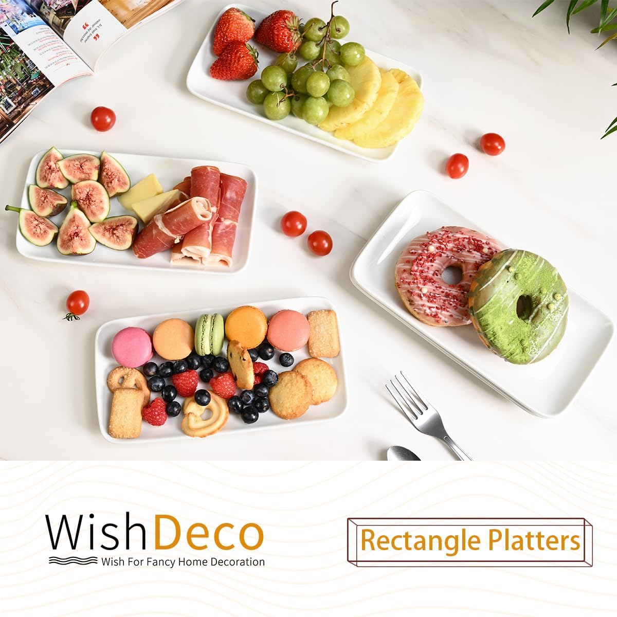 Ceramic Rectangle Plates Set of 6, White Serving Platters, 23.5 Cm Small Serving Plates, Porcelain Party Plates for Appetizer, Dessert, Salad, Sushi, Snack, Cake image number 6